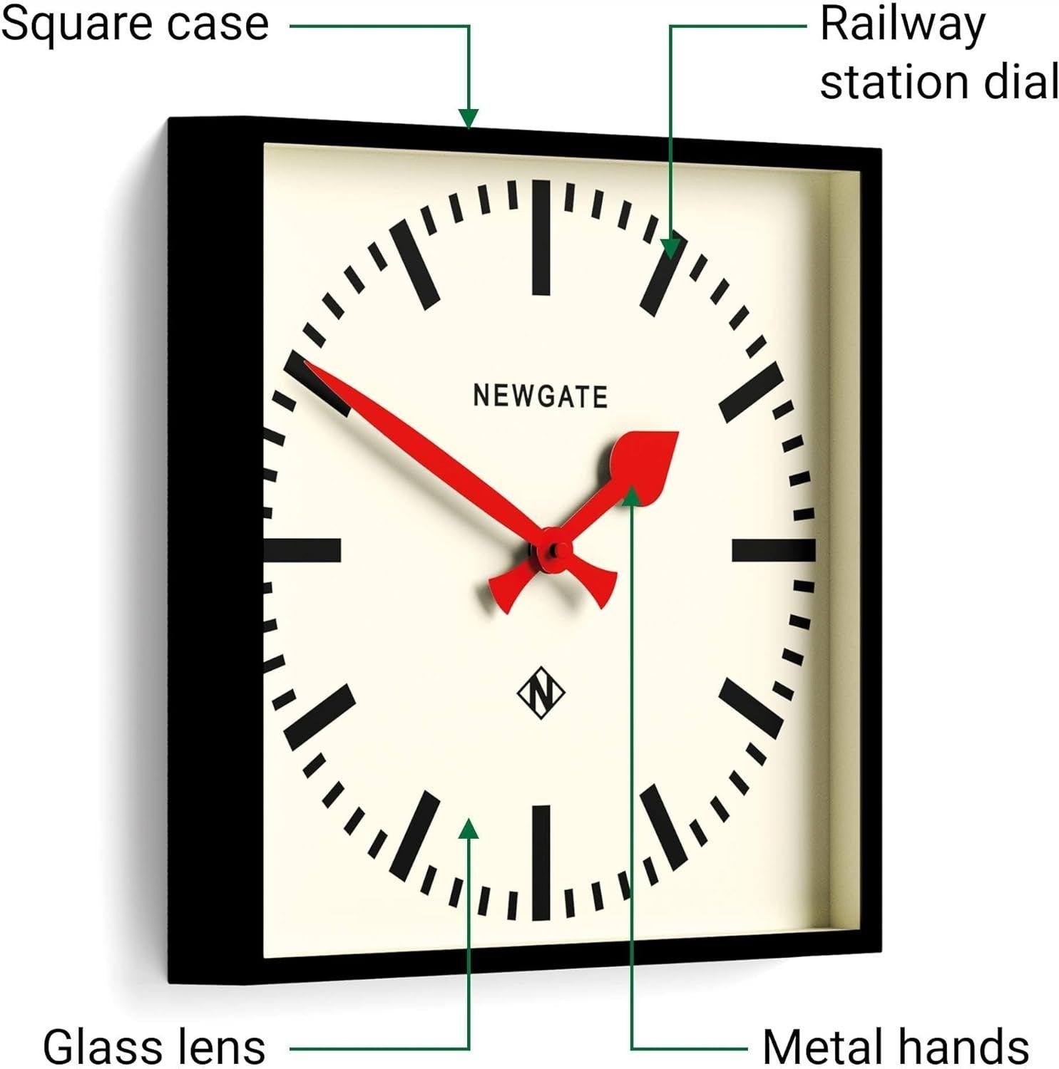 Retro Wall Clock 40cm Silent Square Black Dial Red Hands Office Home Decor