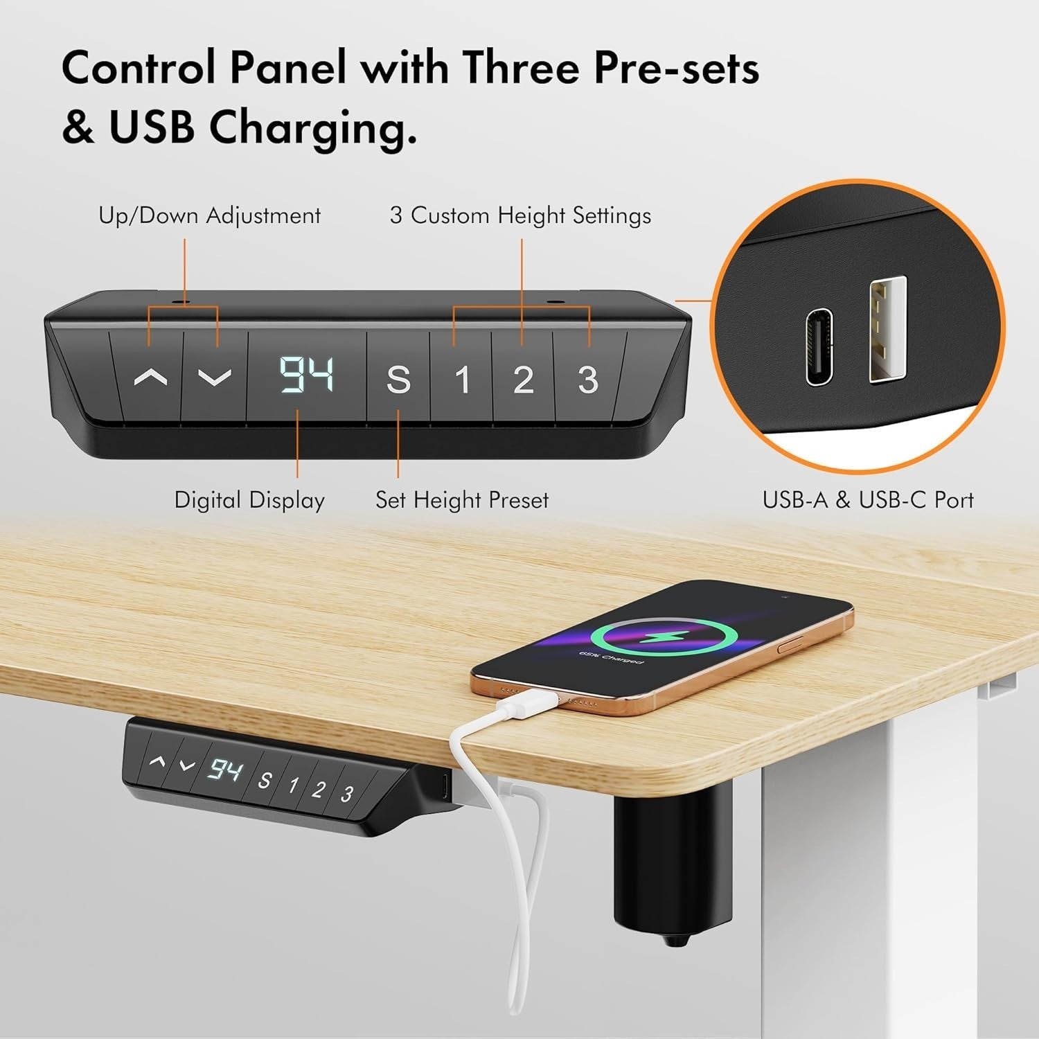 100x60cm Electric Standing Desk w/USB-C Charging & Memory Presets, White