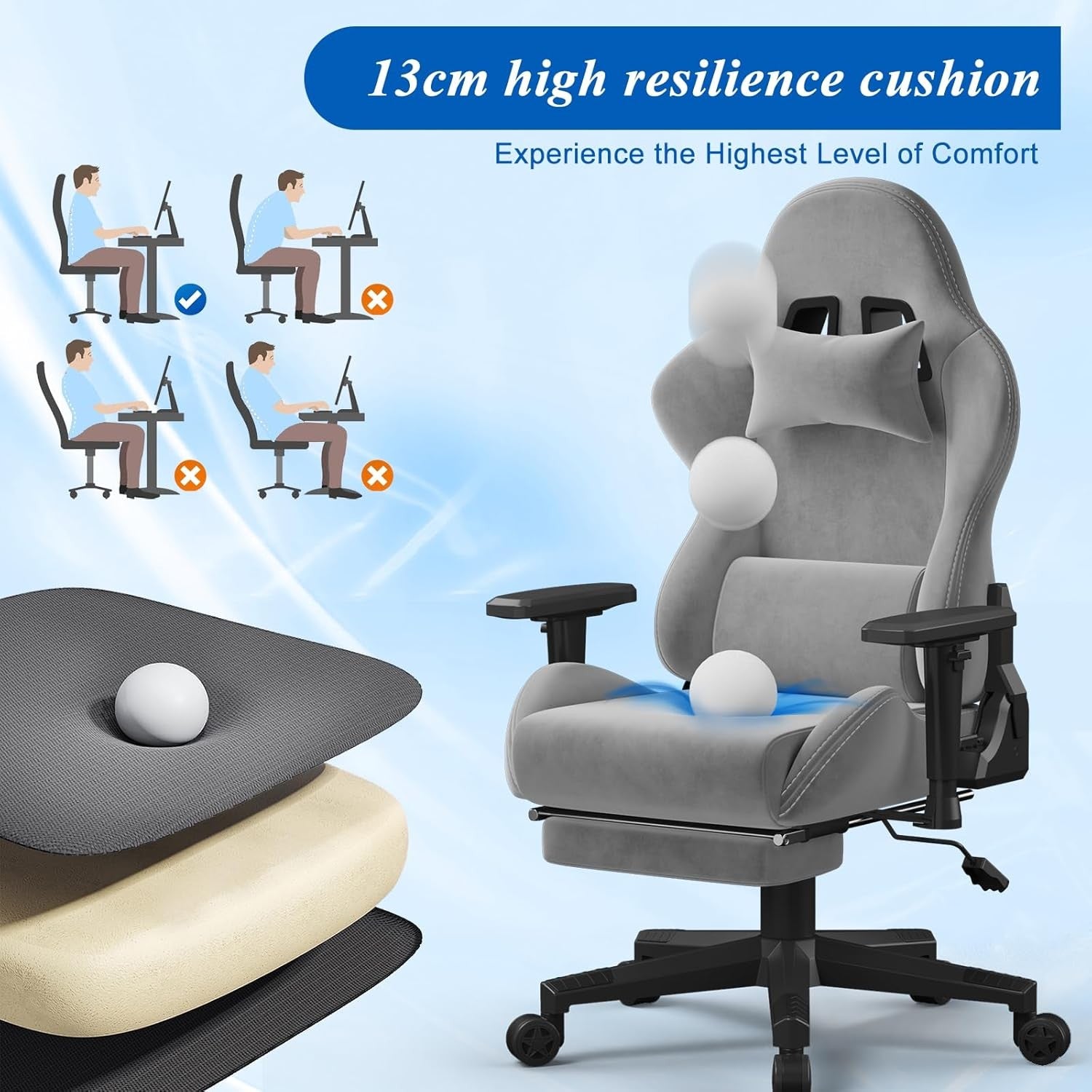 Fabric Gaming Chair Reclining Footrest Massage Lumbar Grey