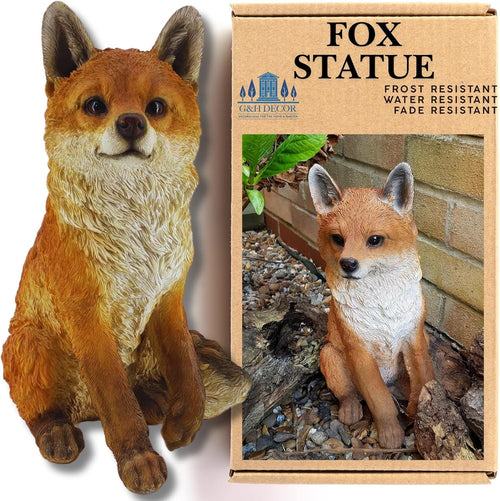 Realistic Sitting Fox Garden Ornament | Large Weatherproof Resin Woodland Decor
