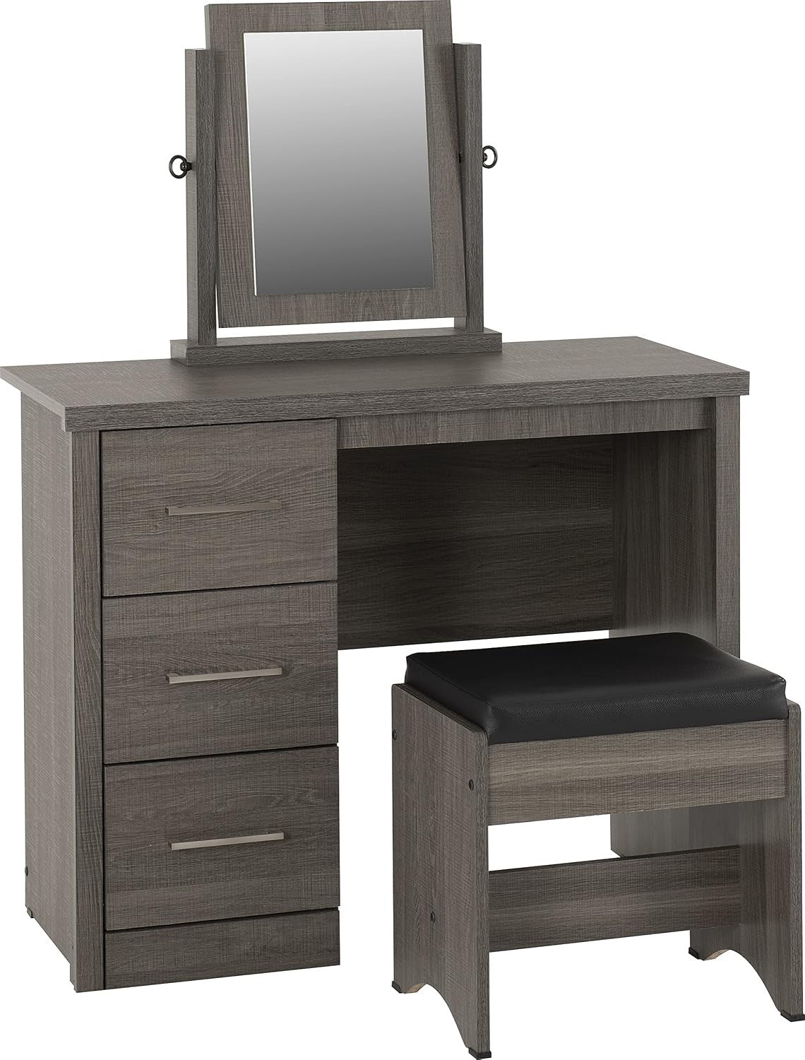 3 Drawer Vanity Dressing Table Set w/ Mirror & Padded Stool Black Wood Grain