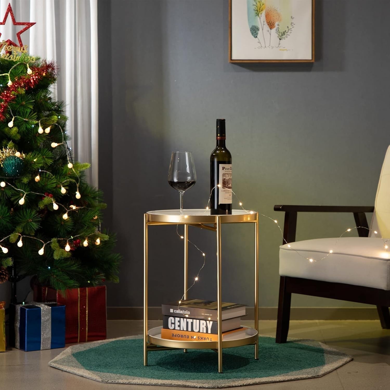 Round Metal Side Table with Removable Tray – Small Coffee Table Grey & Gold