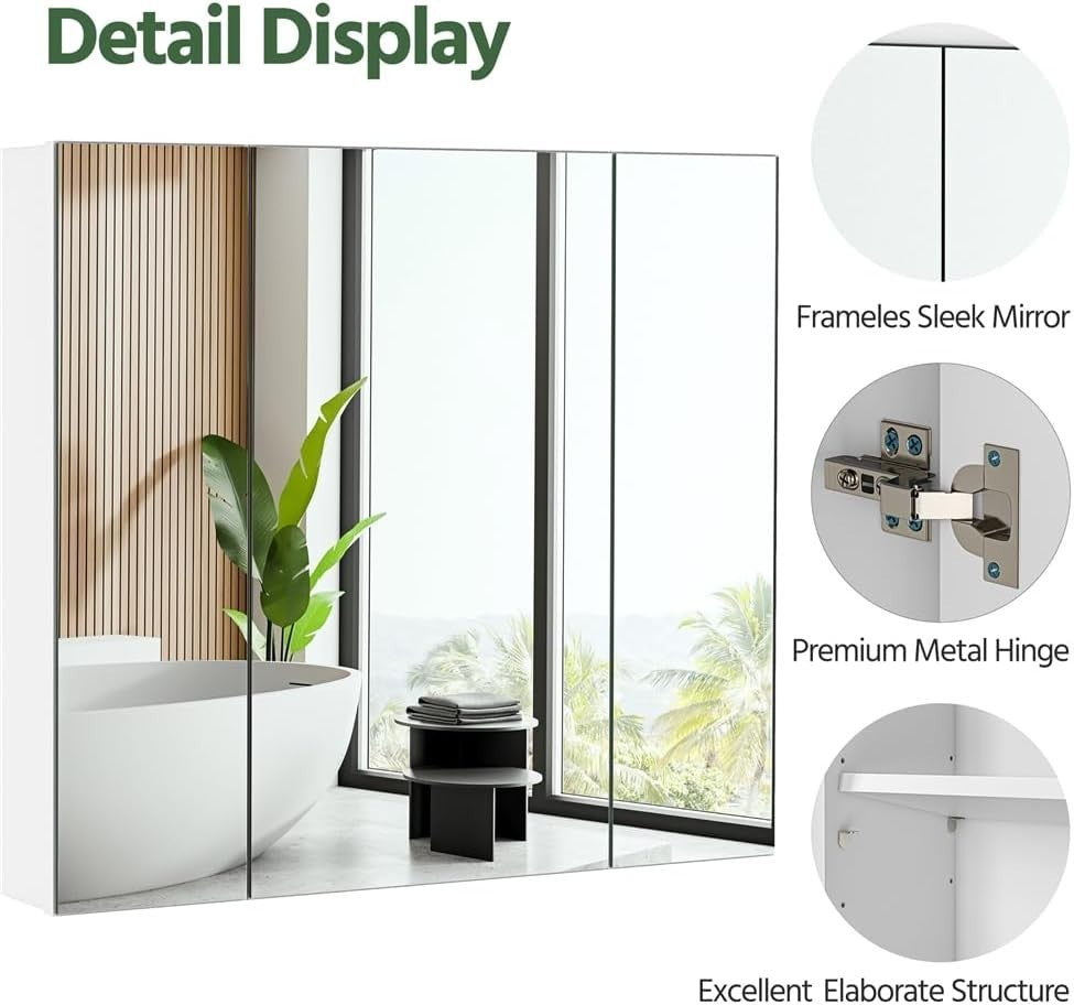 Bathroom Mirror Cabinet Wall Mounted | 3 Door Storage Unit | Modern White