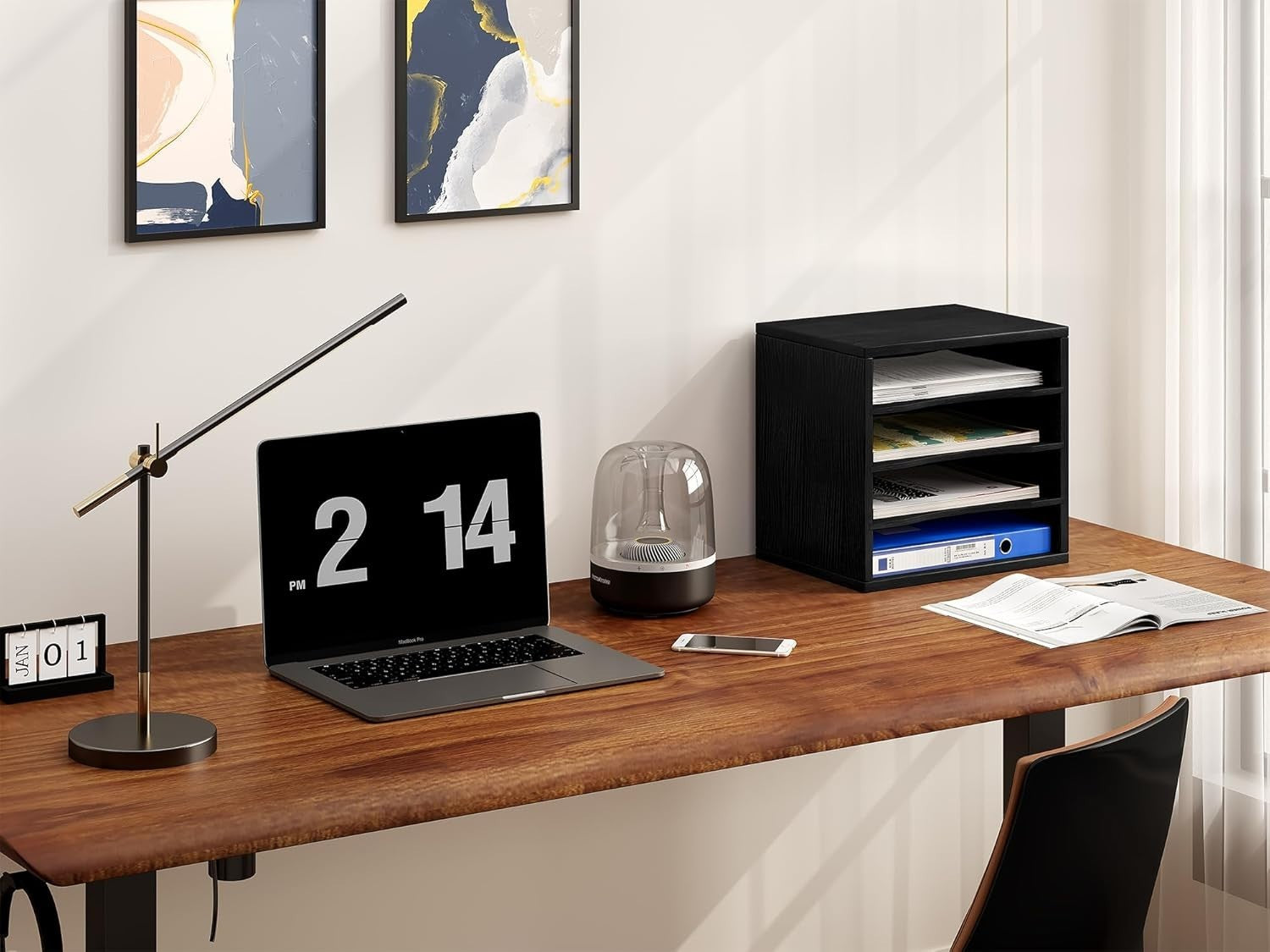 4 Tier A4 Desk File Organizer Wooden Paper Tray Office Magazine Rack Black