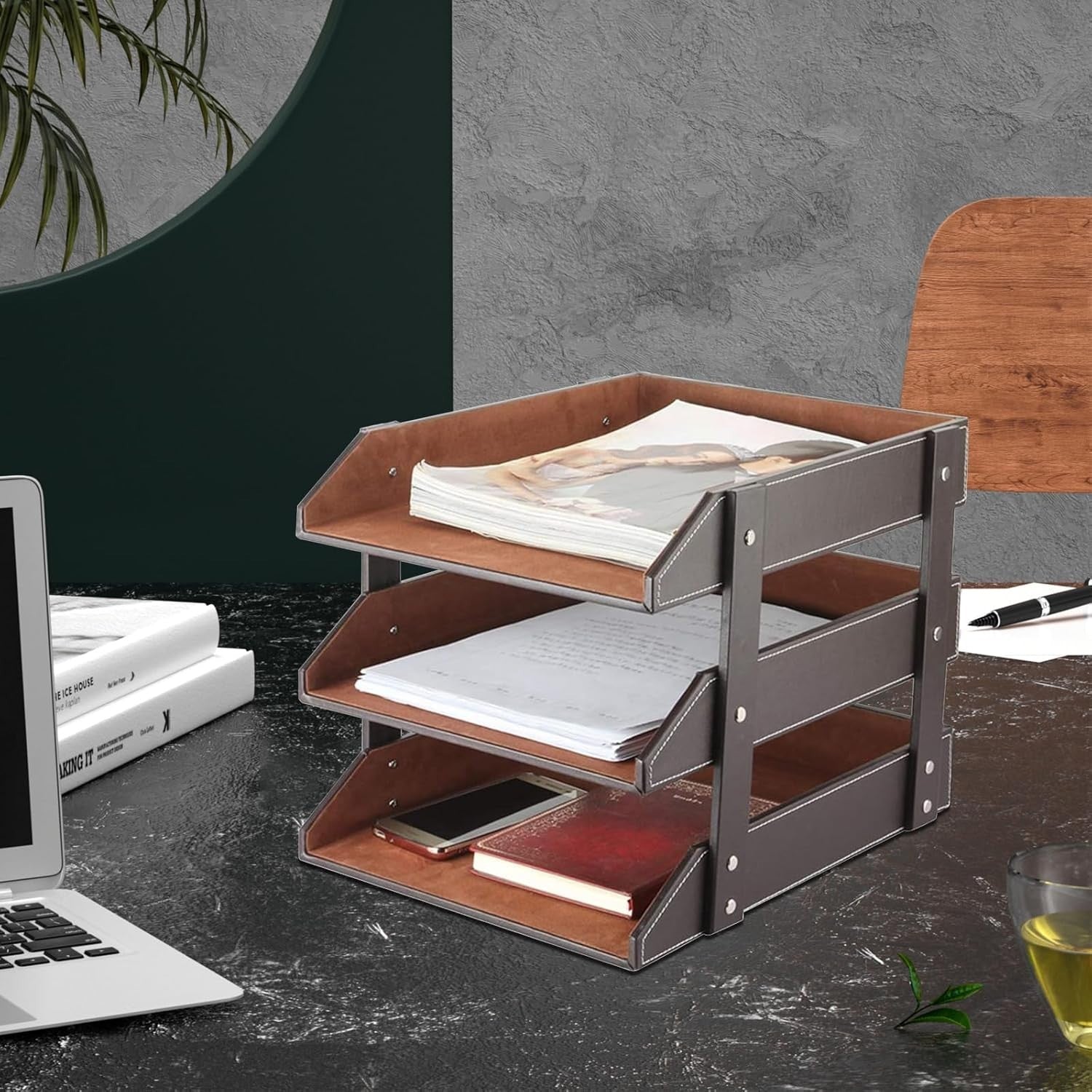Luxury 3-Tier Leather Desk Organizer Tray for Documents, Magazines & Office