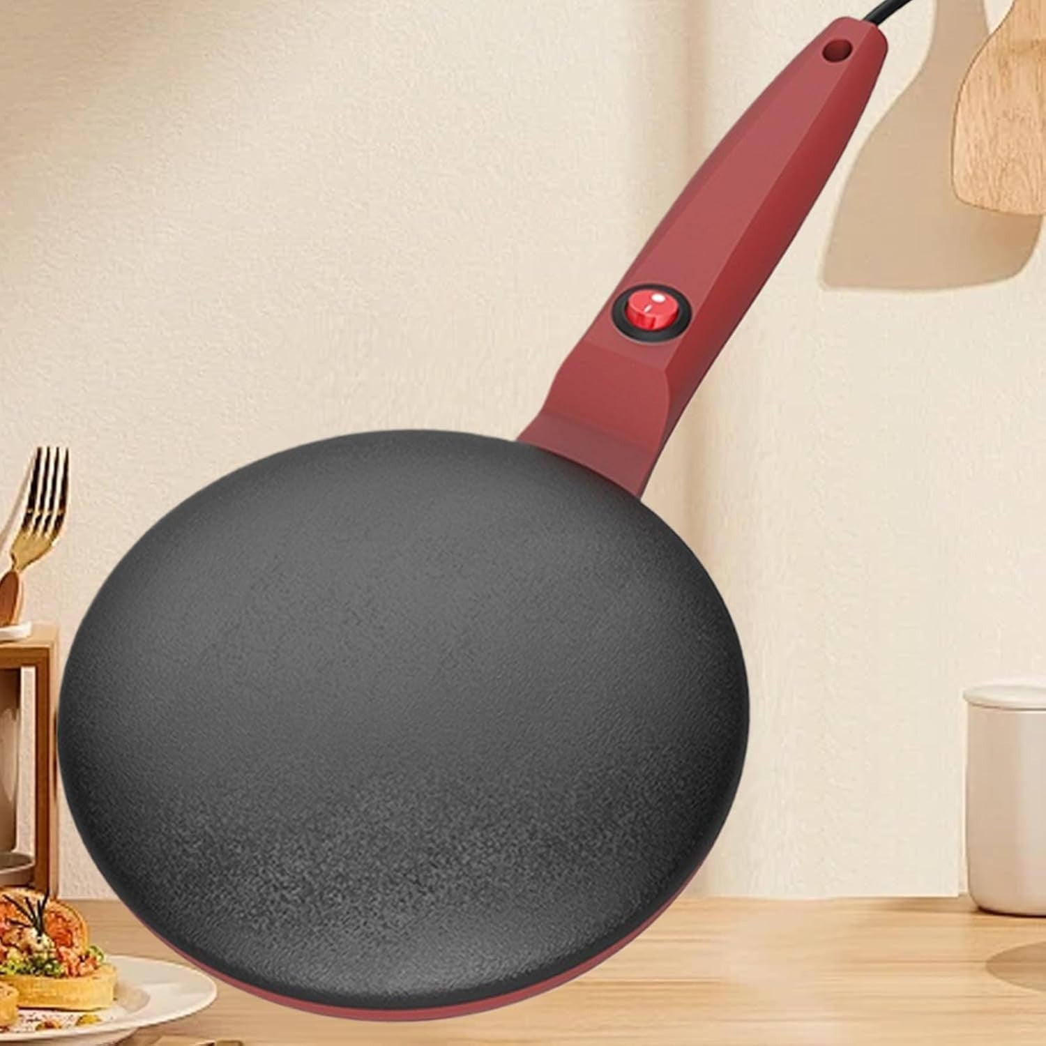 8" Electric Crepe Maker Non-Stick Pancake Pan Long Handle Auto Temp Control Red
