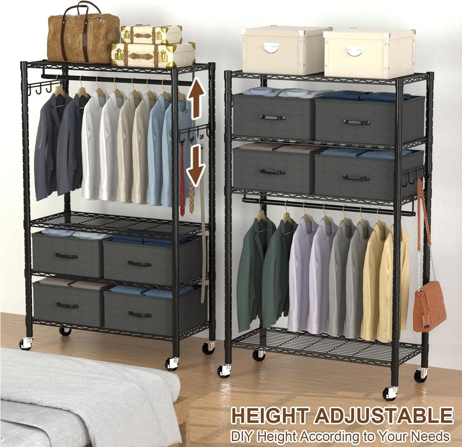 4-Tier Heavy Duty Clothes Rail with Drawers & Hooks – Black 90×40×189cm (S)