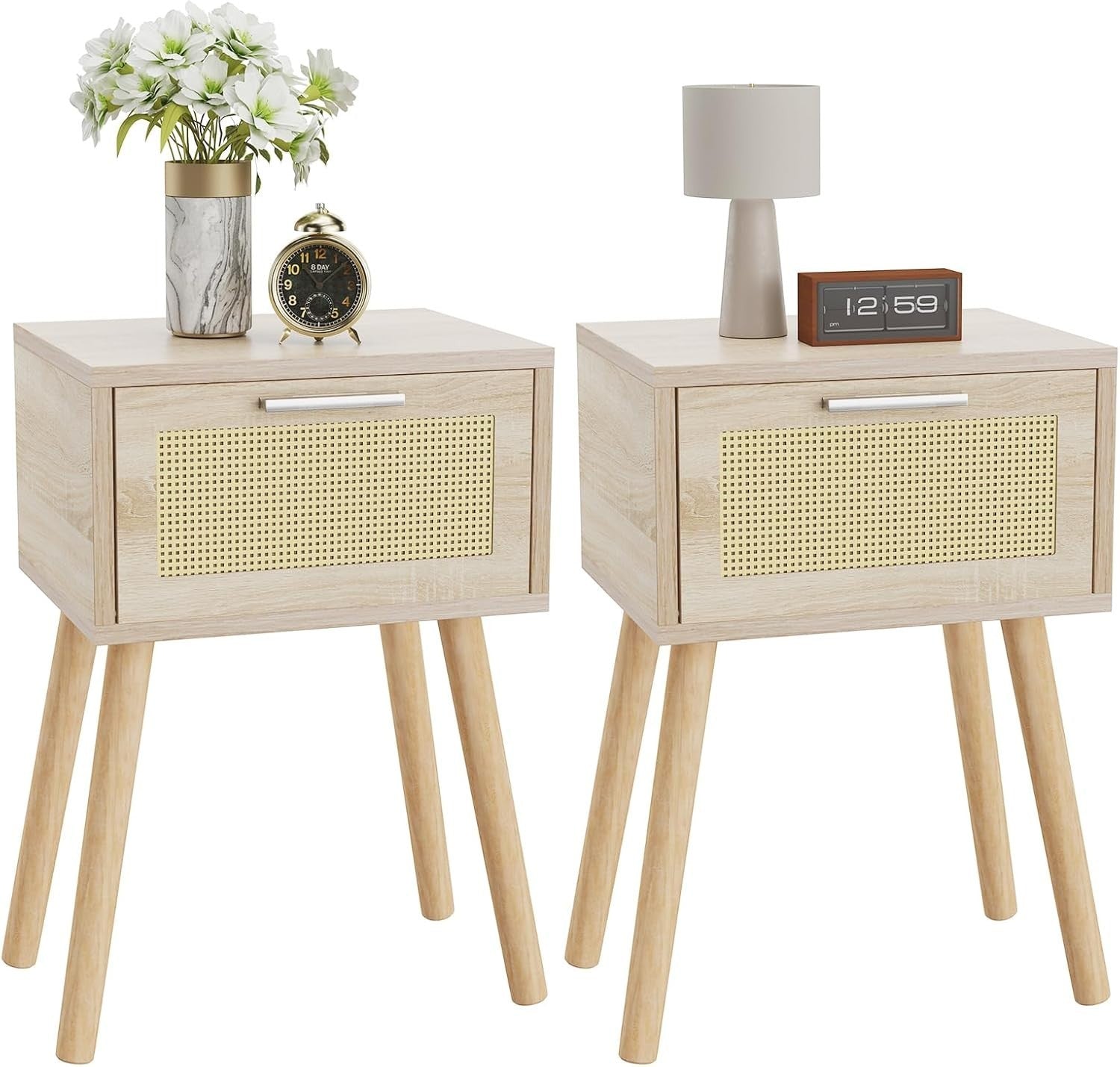 Natural Rattan Bedside Tables Set of 2, Modern Wood Nightstands with Drawer