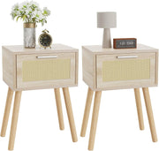 Natural Rattan Bedside Tables Set of 2, Modern Wood Nightstands with Drawer