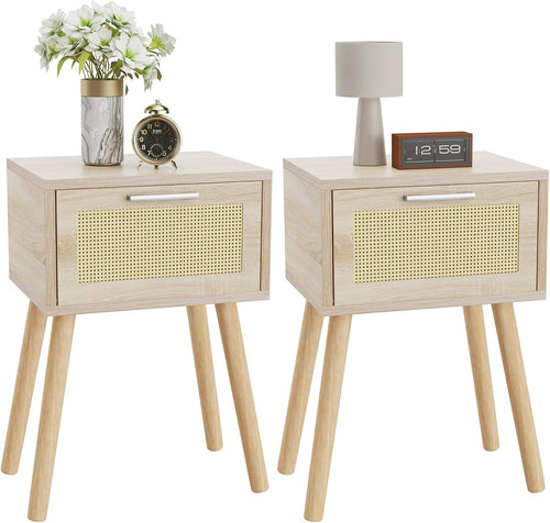 Natural Rattan Bedside Tables Set of 2, Modern Wood Nightstands with Drawer