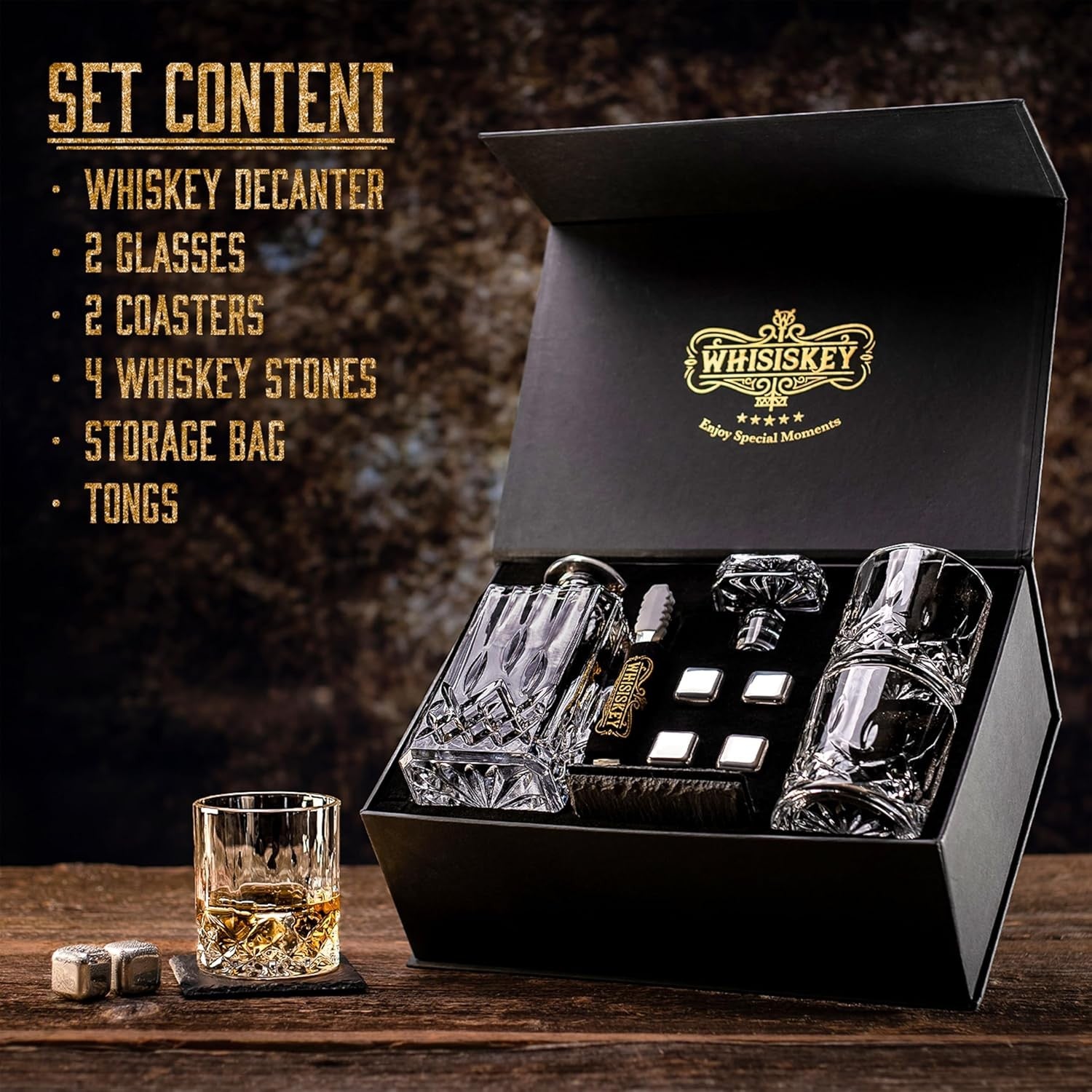 Whiskey Decanter Gift Set 700ml with 2 Glasses & Cooling Stones Luxury Box