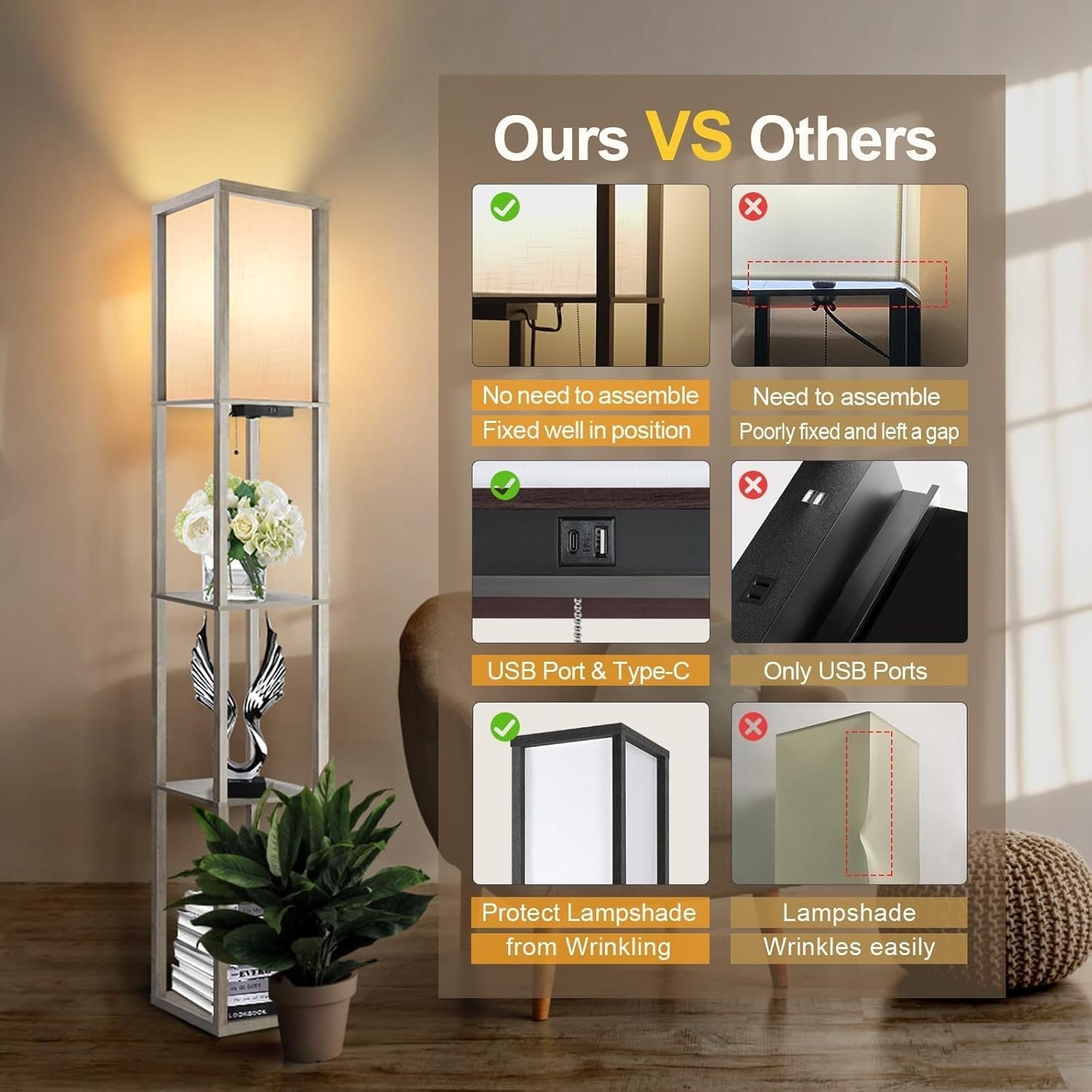 LED Shelf Floor Lamp Remote Dimmable USB Charging Standing Light Grey