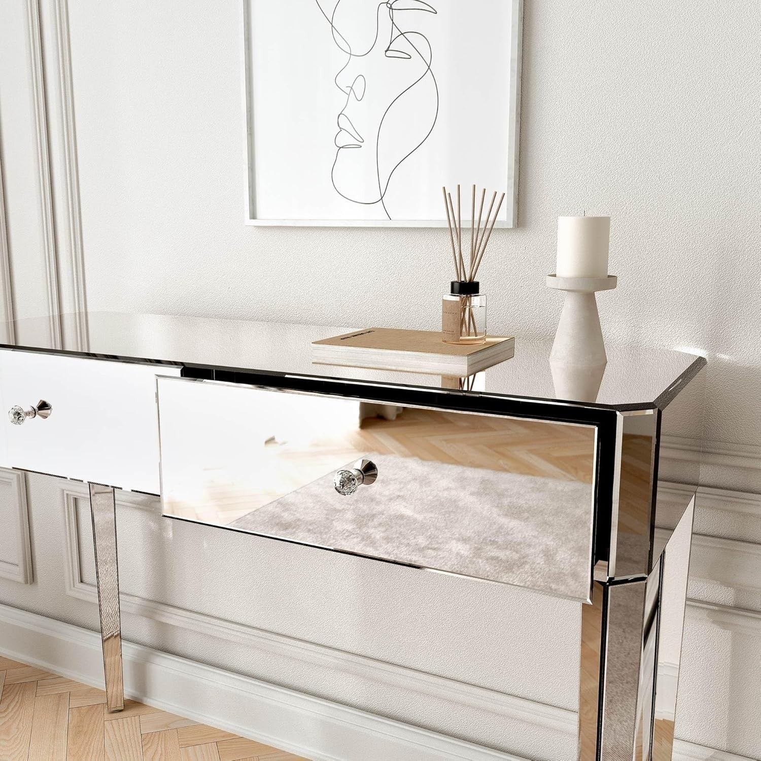 Silver Mirrored Dressing Table Vanity Desk 2 Drawers Glass Top Wood Modern