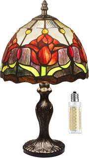 Vintage Stained Glass Table Lamp Red Tulips Handmade Desk Bedside Light