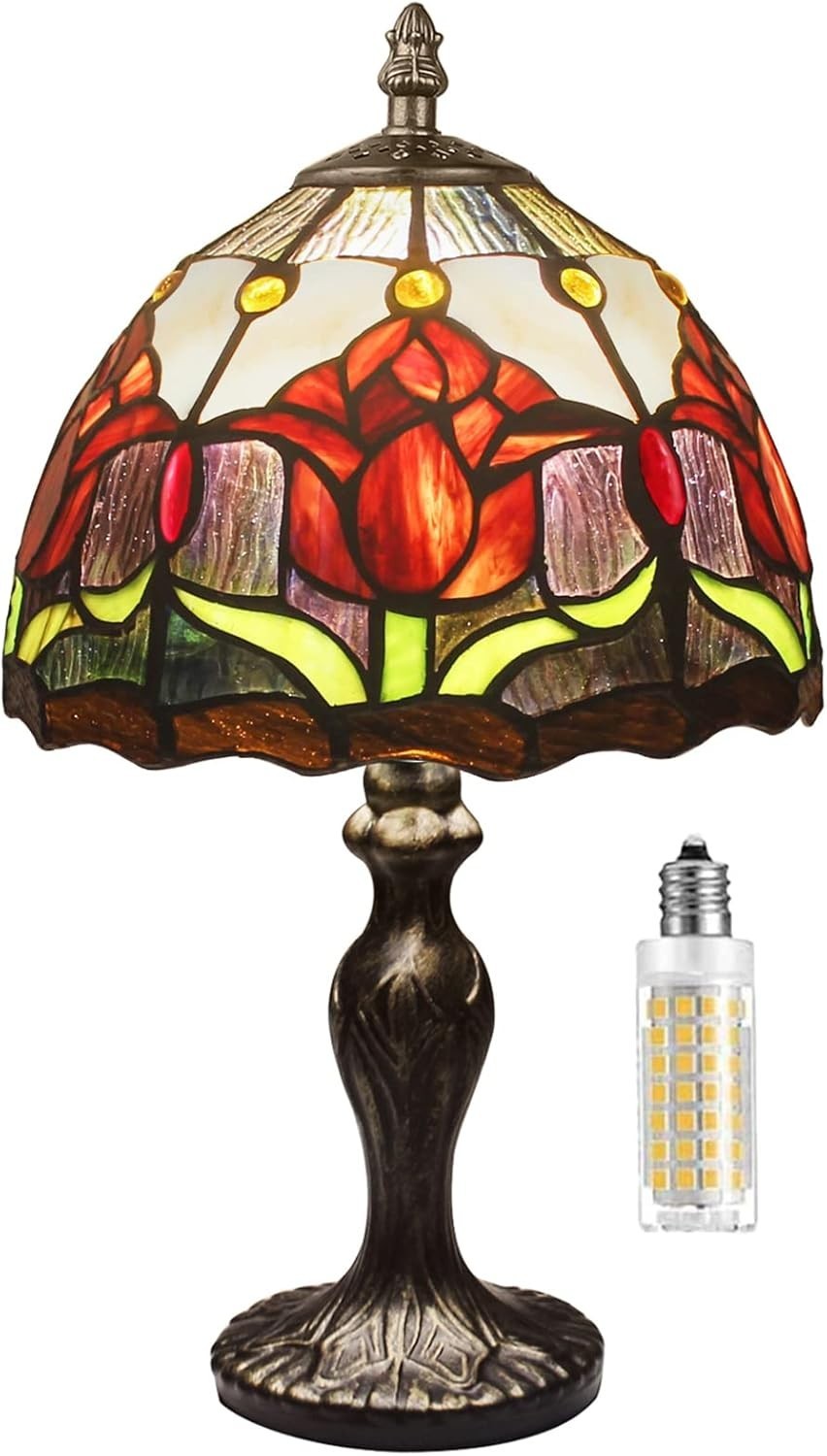 Vintage Stained Glass Table Lamp Red Tulips Handmade Desk Bedside Light