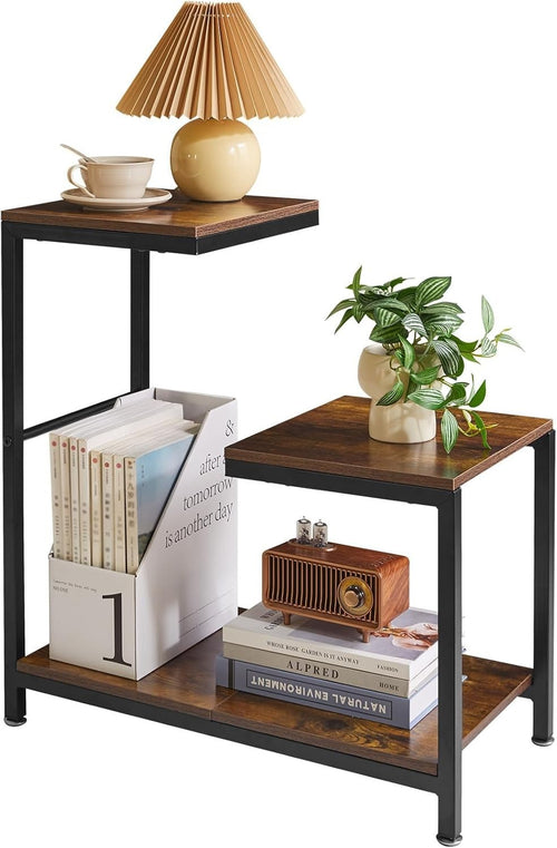 Rustic Brown G-Shaped Side Table 29x60x63.5 cm | Small End Table w/ Storage