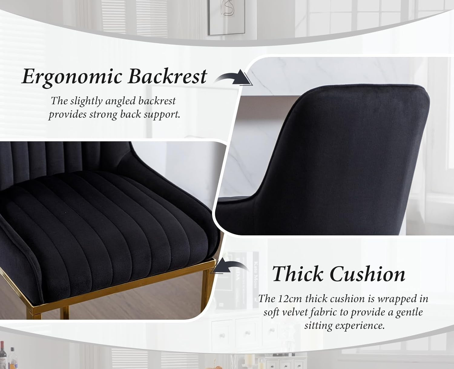 Bar Stools Set of 2 | Black Fabric L-Shaped Counter Dining Chairs
