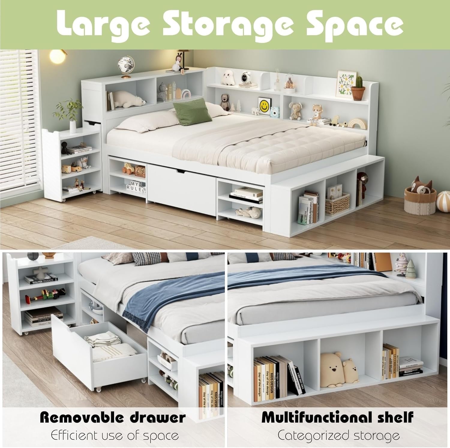 Double Kids Bed with Storage Drawers, Bookshelf & Slatted Frame 135x190cm