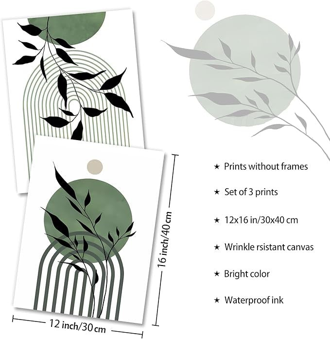 Sage Green Boho Wall Decor Poster 12x16 in Minimalist Abstract Set of 3