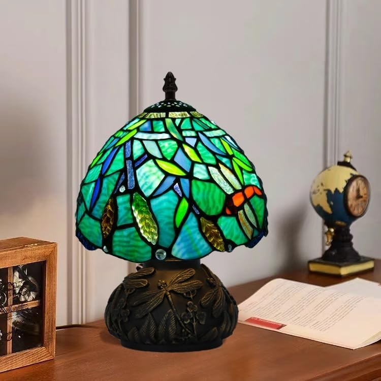 Small Tiffany Stained Glass Desk Lamp 8x8x11in 3 Color Temps Dragonfly Base