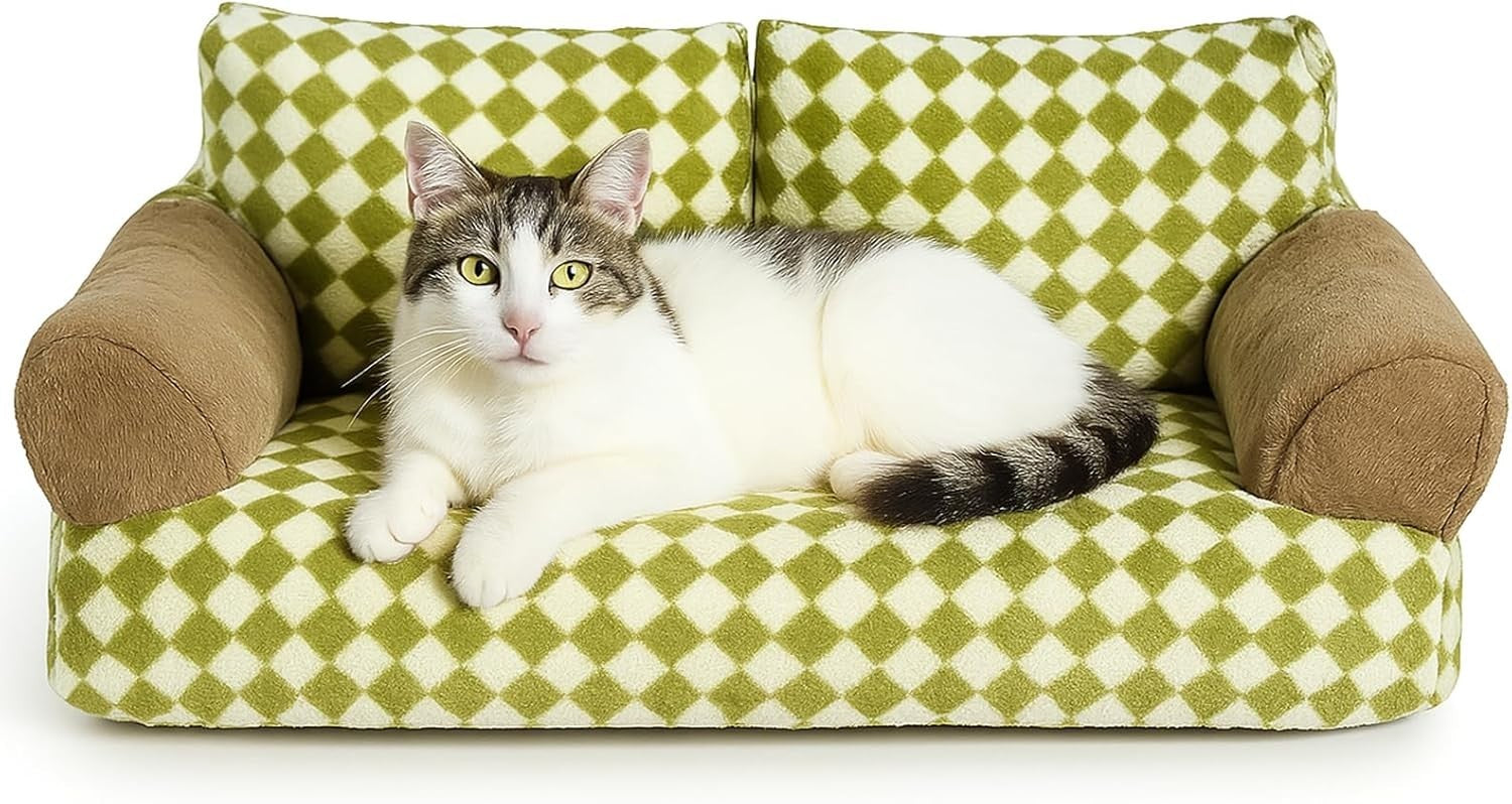 Fluffy Cat Sofa Bed Plush Pet Couch Removable Washable Cover Green