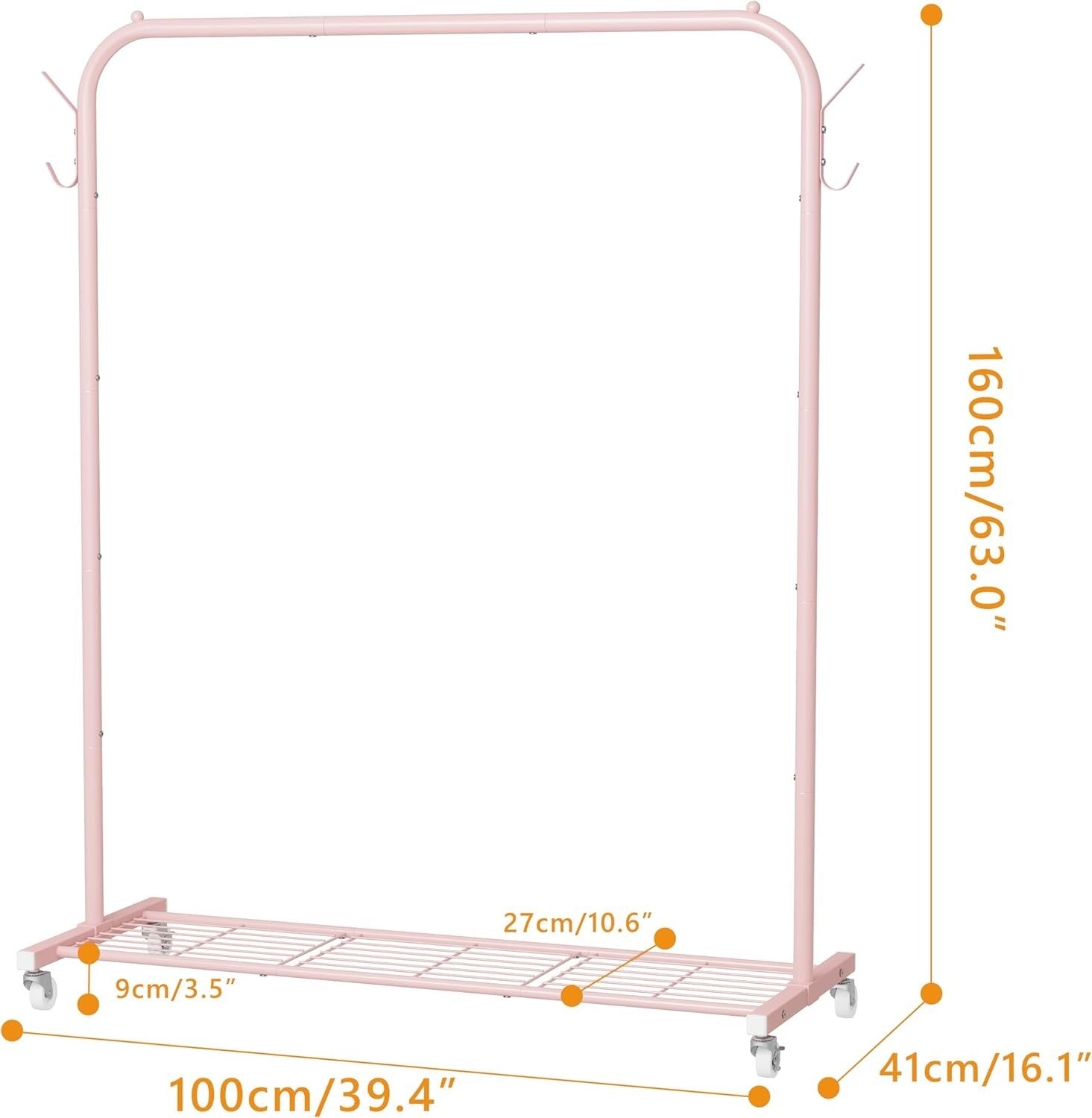 Portable Clothes Rail Pink 40KG Rack With Wheels Shelf & Hooks
