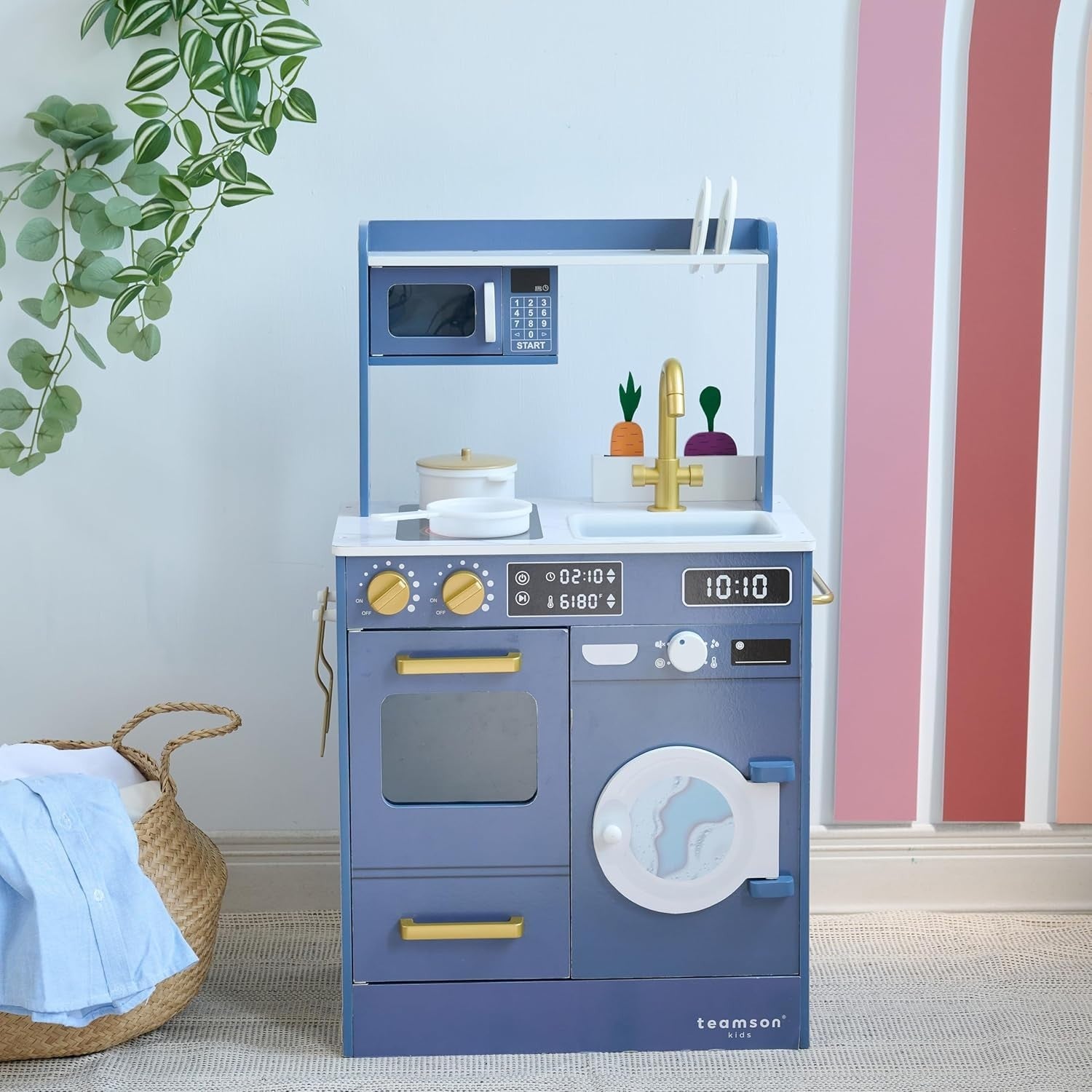 Wooden Kids Play Kitchen Blue Mini Garden Washing Machine Toy Set