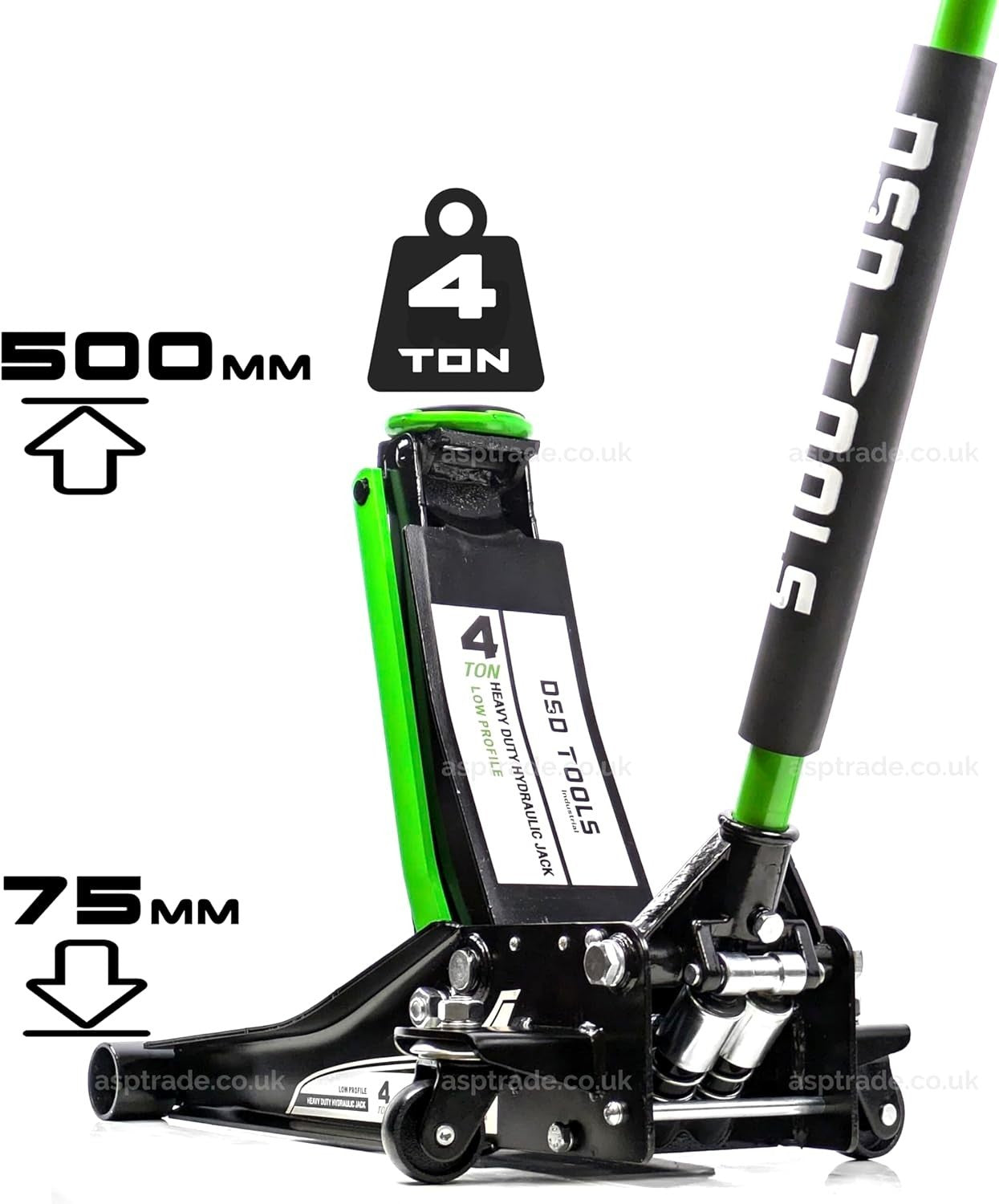 4 Ton Low Profile Trolley Jack Heavy Duty Car Lift 75–500mm Rocket Lift Green