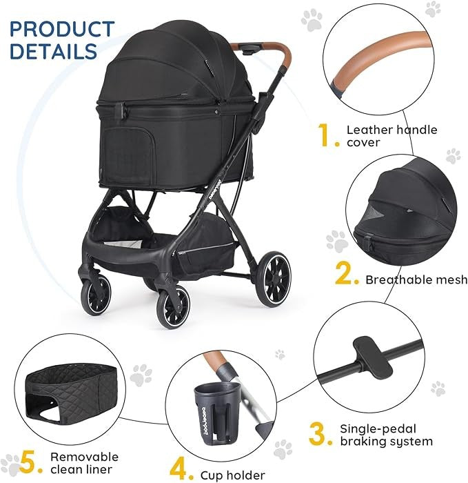 Luxury Dog Stroller Foldable Pet Pushchair Pram Medium Pets 60lb Black