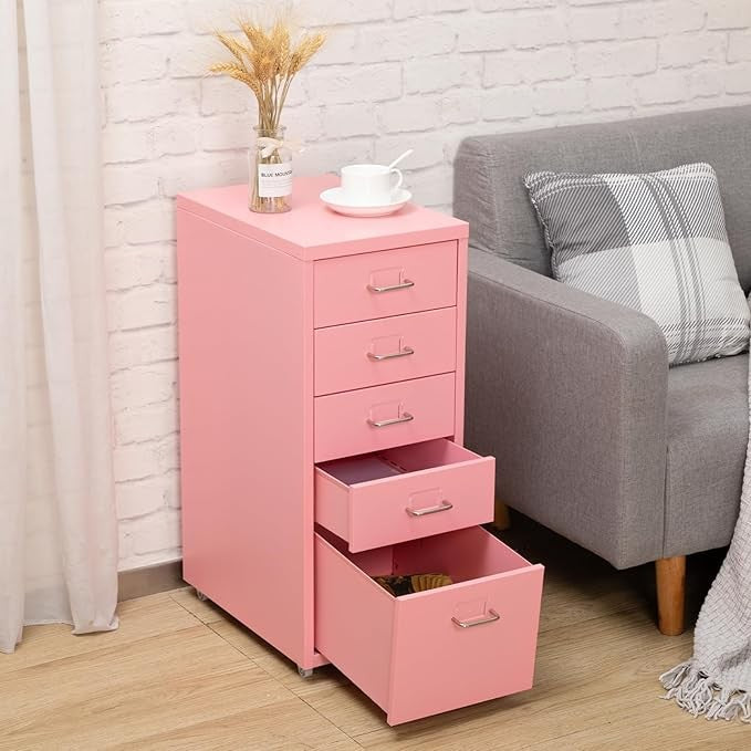 5 Drawer Metal File Cabinet with Wheels, Lockable Office Storage Unit