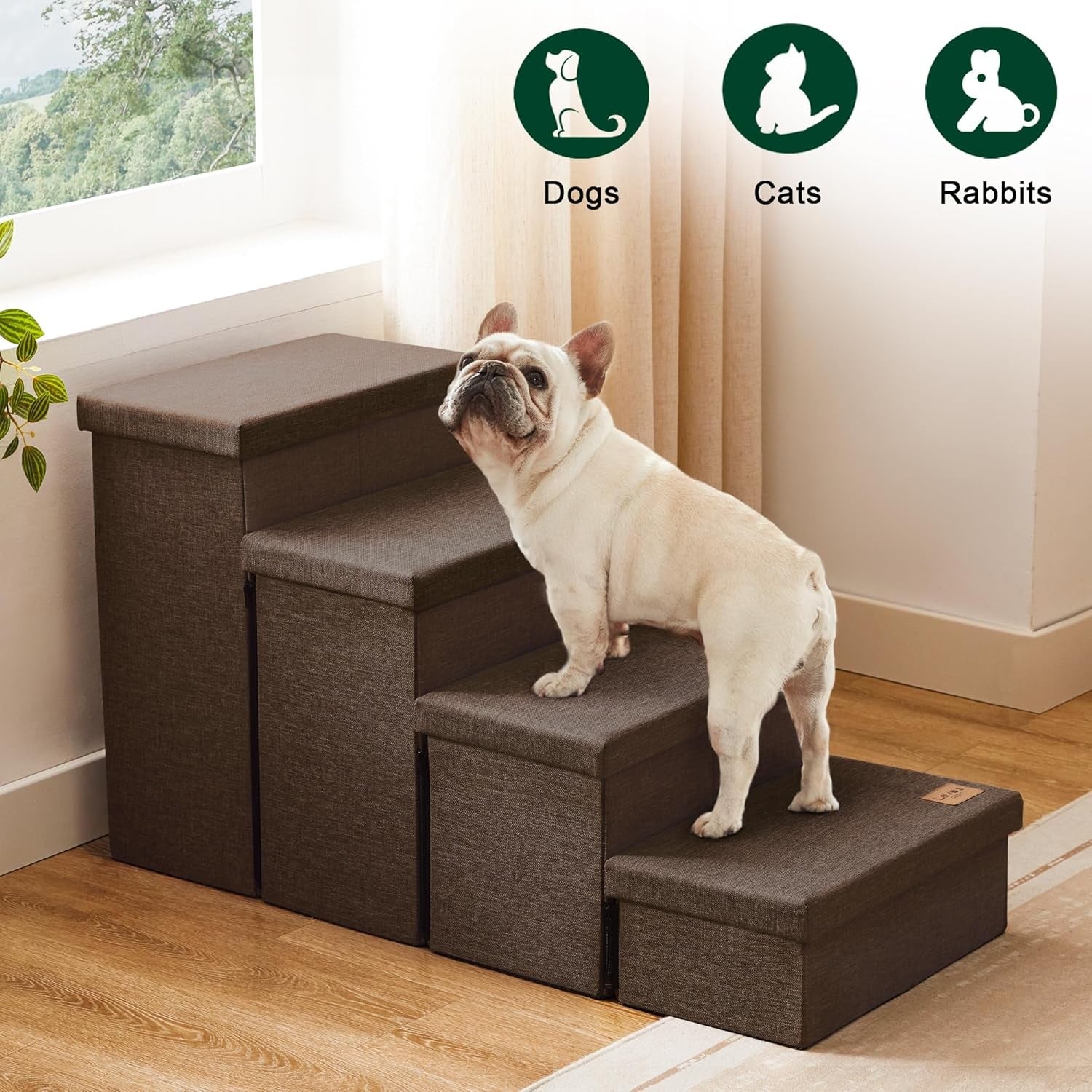 Dog Stairs 4 Step with Storage Foldable Pet Steps Coffee 200lb