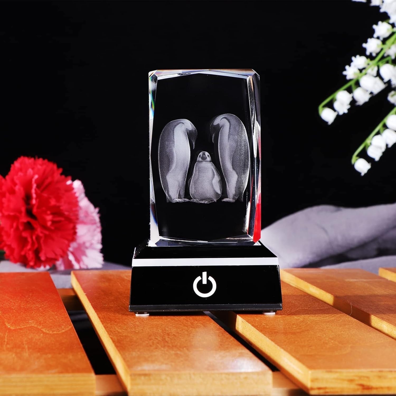 3D Crystal Penguin Family Figurine with LED Base • Glass Night Light Gift Decor