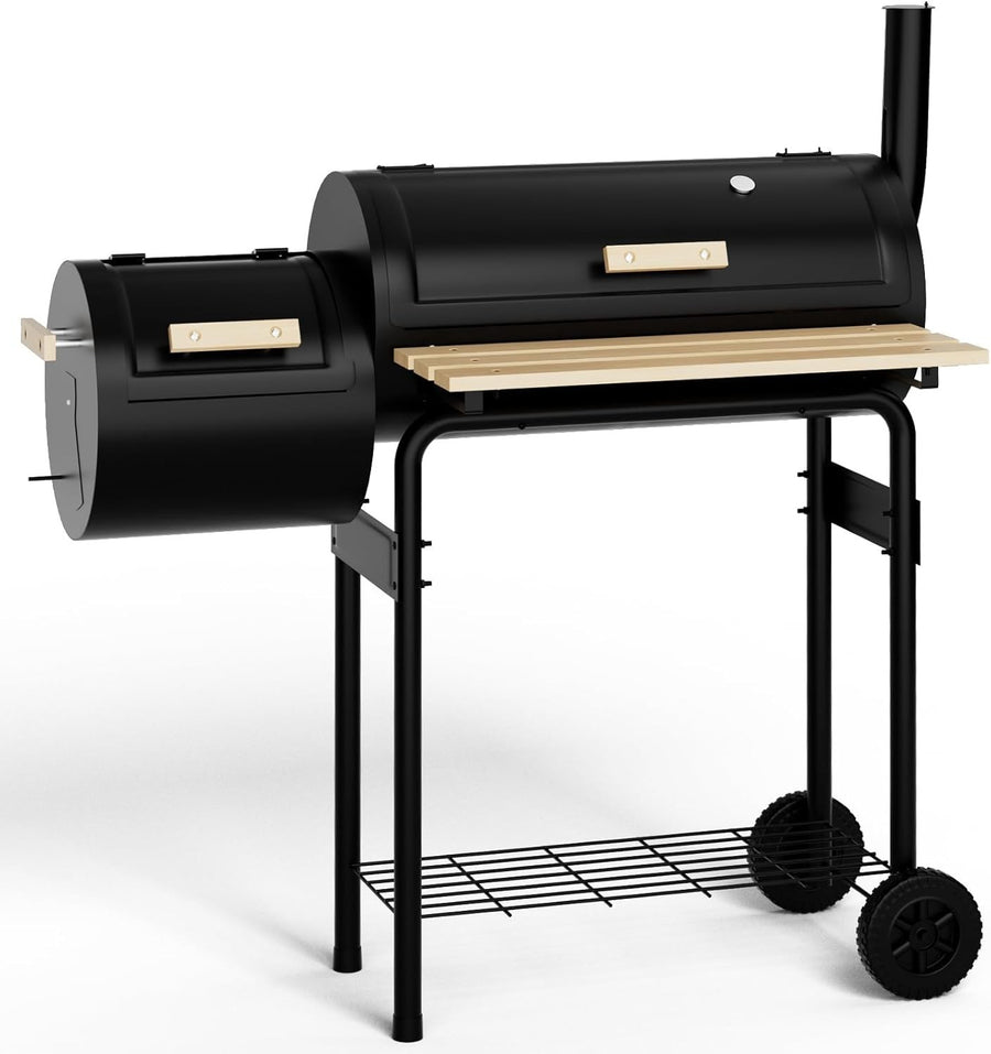 Barrel Charcoal BBQ Grill with Offset Smoker & Thermometer – 2-in-1 Outdoor