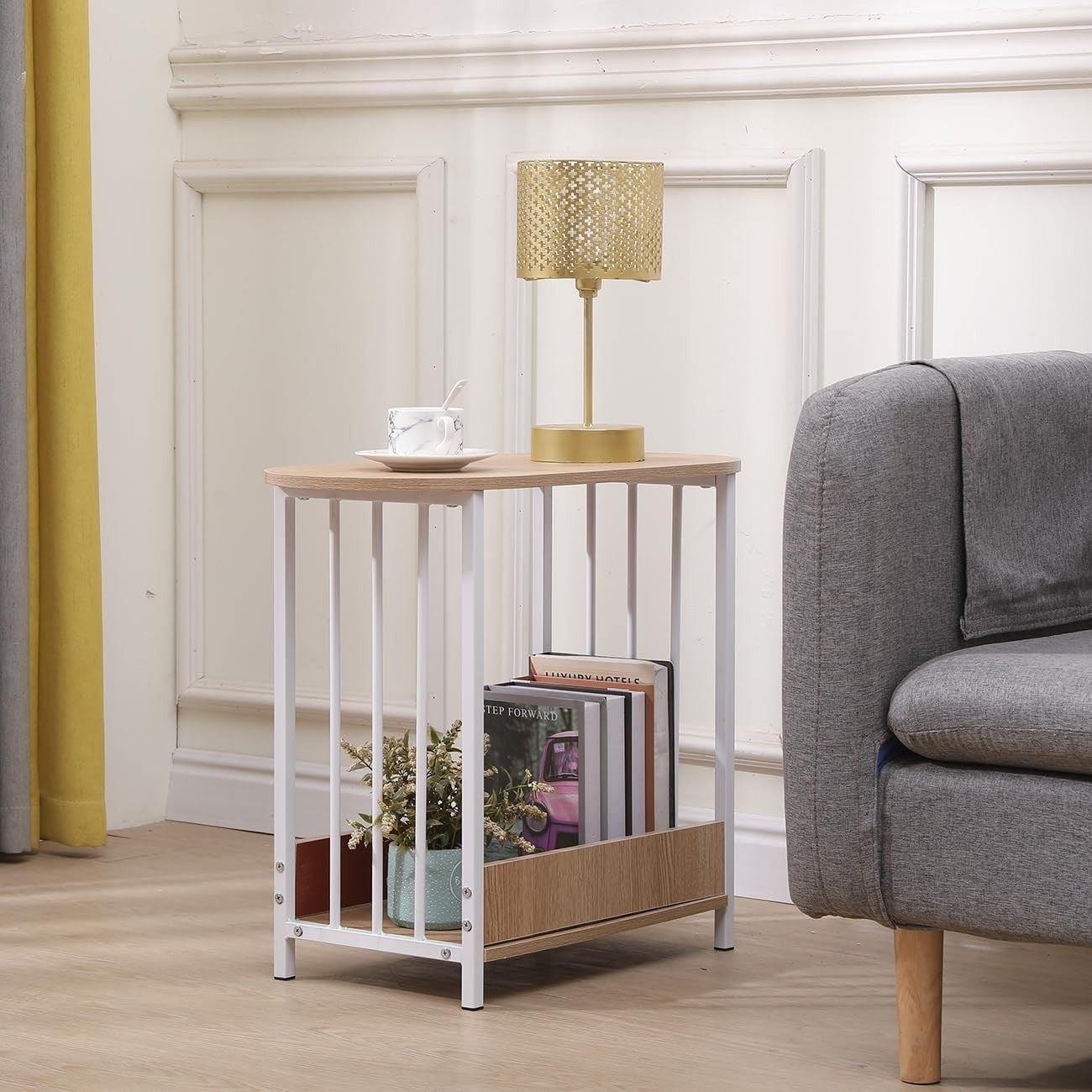 C-Shaped Wooden Sofa Side Table – Narrow Slim End Table for Small Spaces
