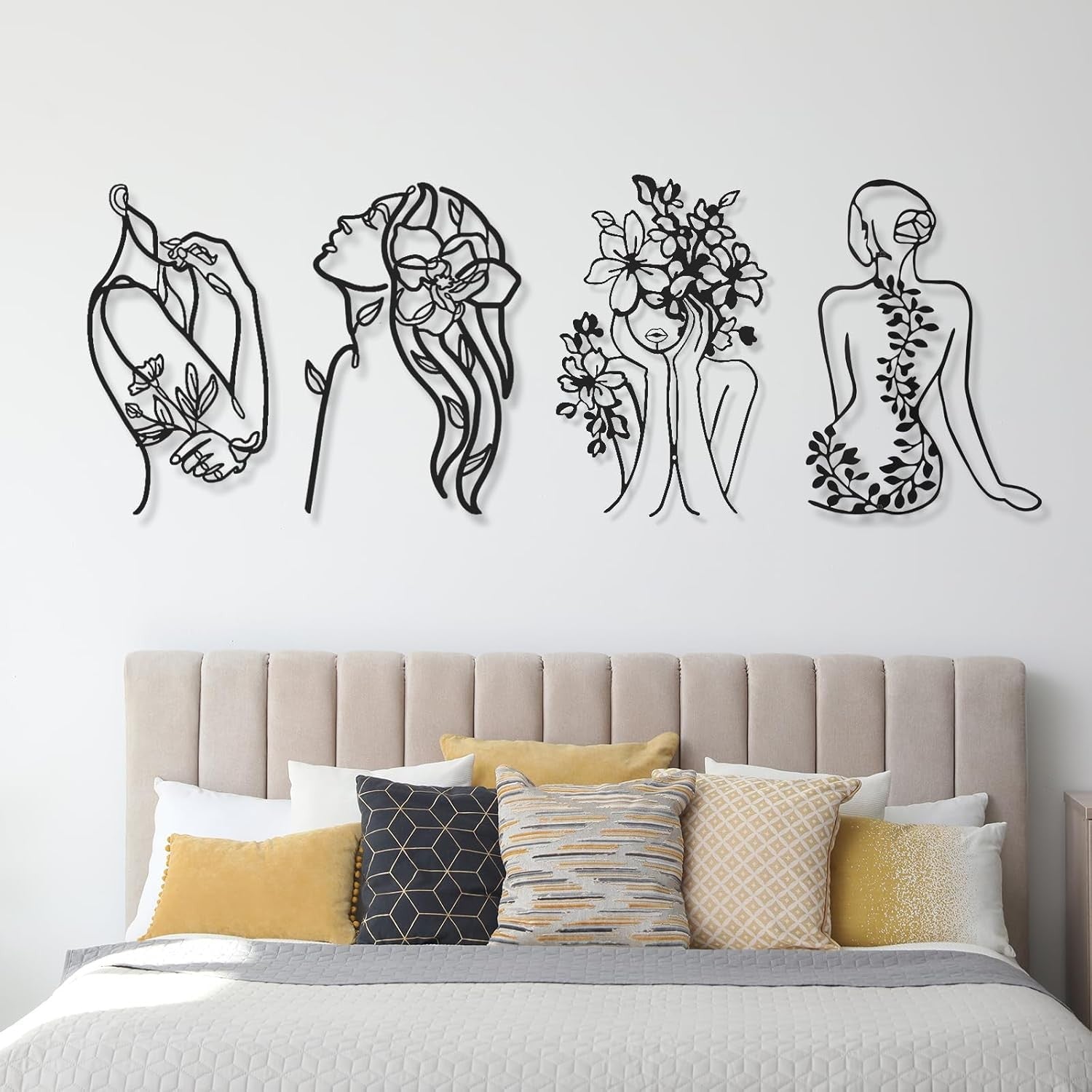 Black Metal Wall Art Set 4 Minimalist Woman Line Sculptures