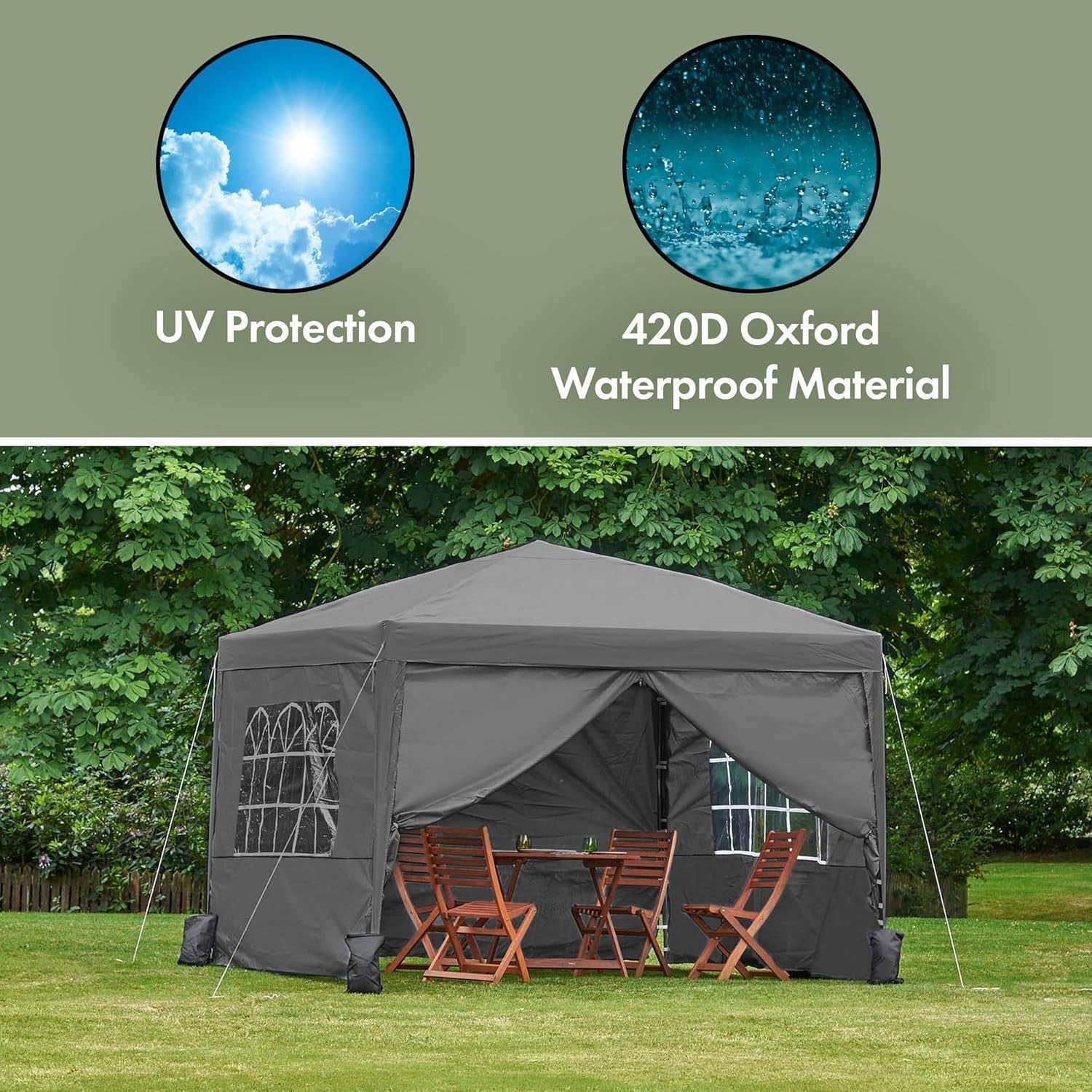 3x3M Grey Pop Up Gazebo With Removable Sides Waterproof Garden Party Tent