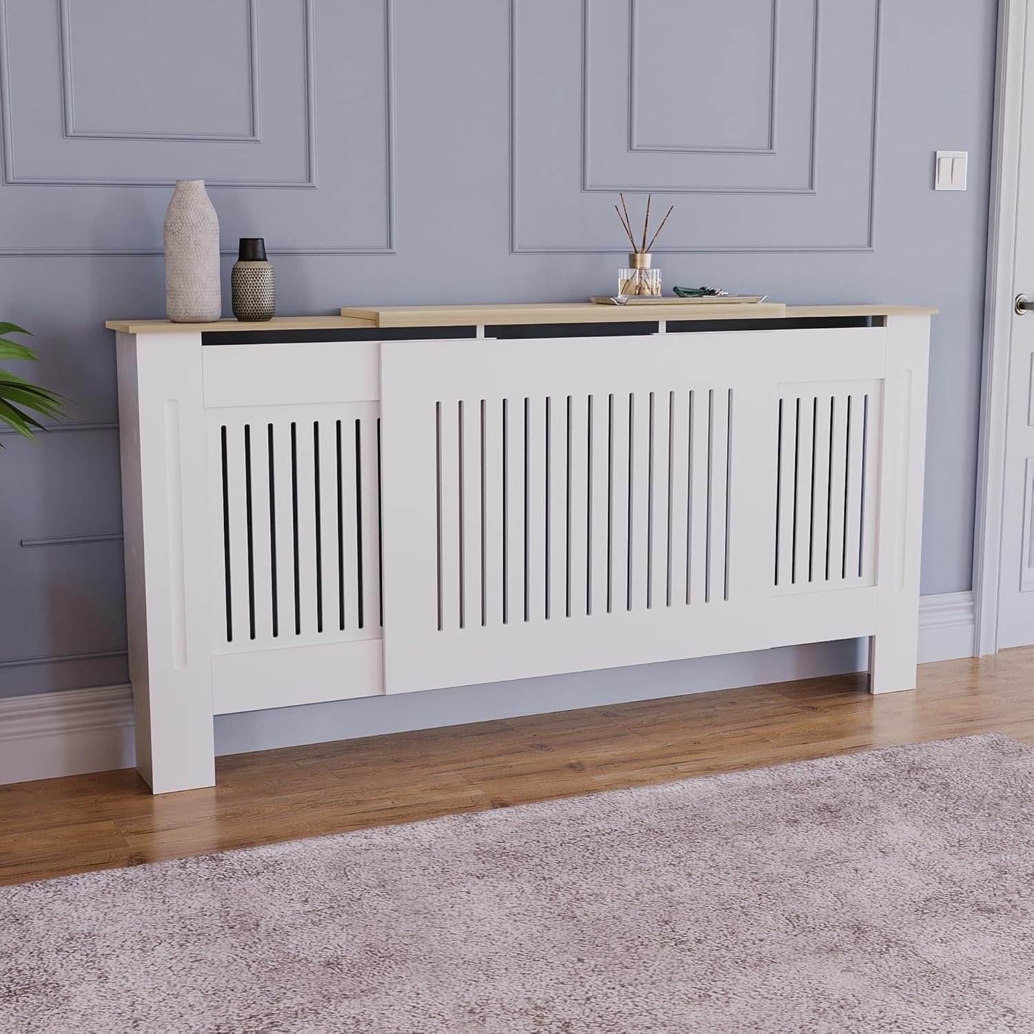 Adjustable White Radiator Cover Cabinet MDF Slatted Grill Modern Wooden Top