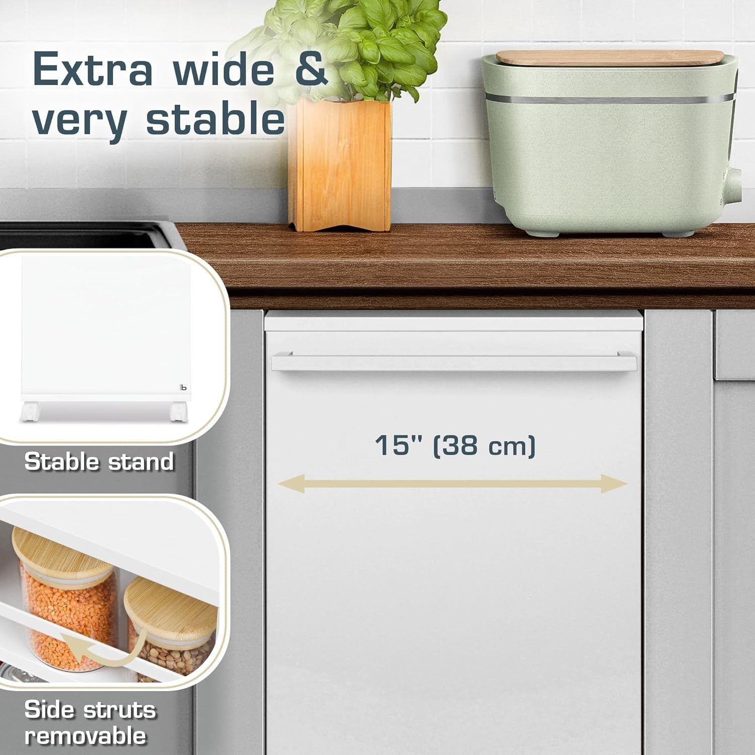 Kitchen Cart Trolley on Wheels 3 Tier Adjustable Shelves Wooden Worktop White