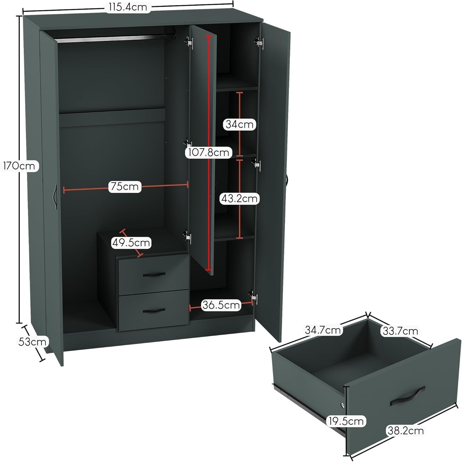 3 Door Mirrored Wardrobe with Hanging Rail & Adjustable Shelf Storage