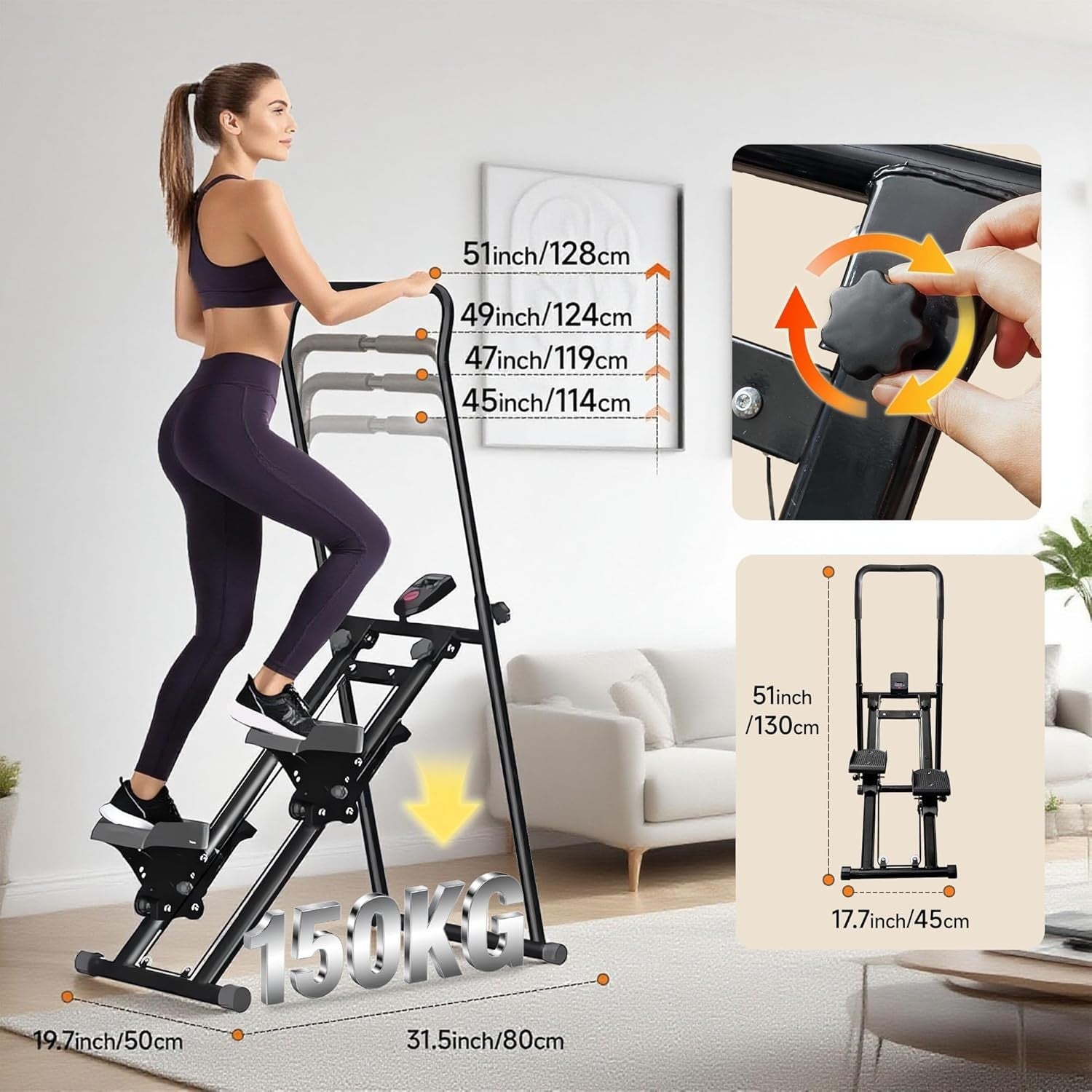 Foldable Vertical Climber Stepper w/ LCD Monitor, Adjustable Height & 150kg
