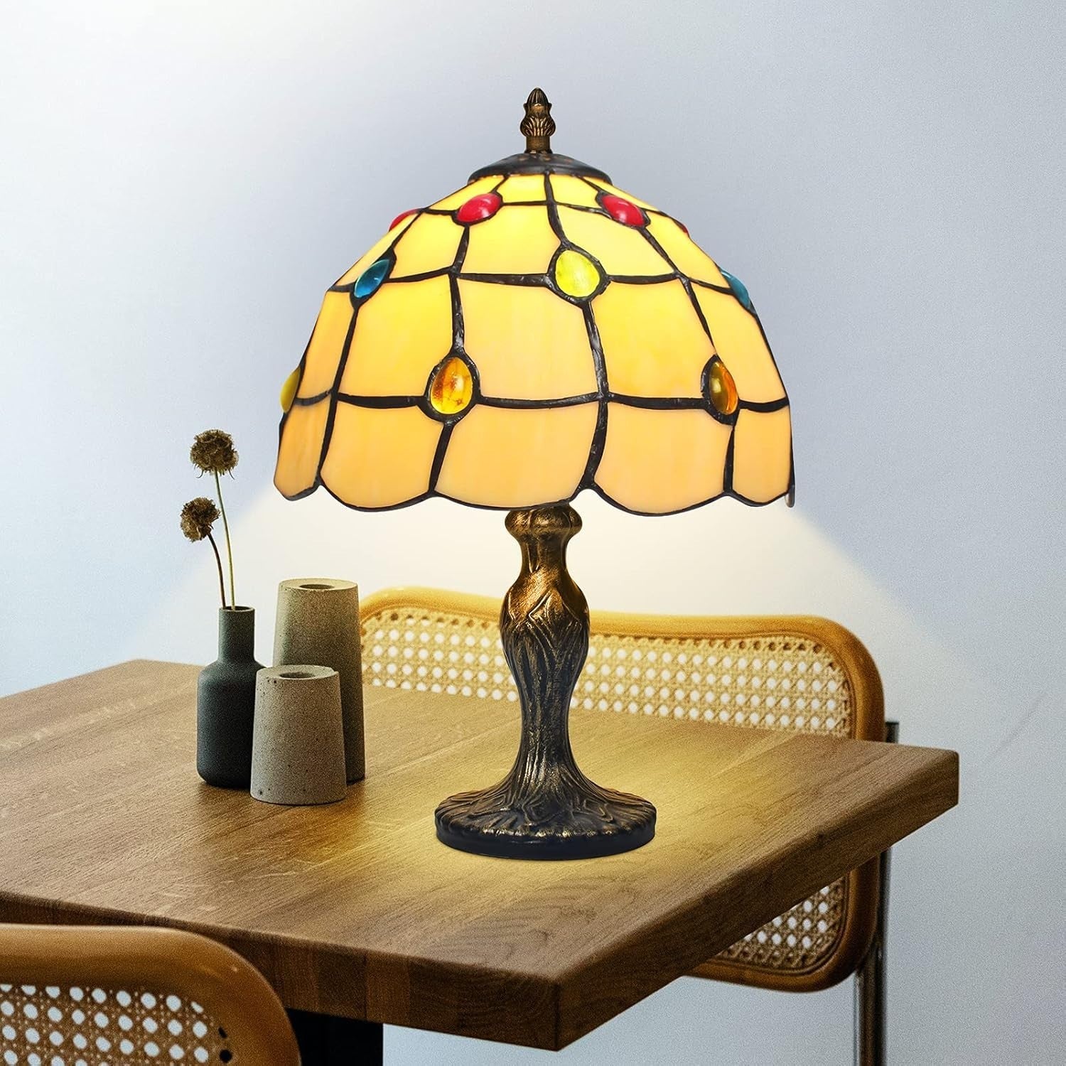 Vintage Stained Glass Table Lamp Crystal Beads Bedside Light for Home