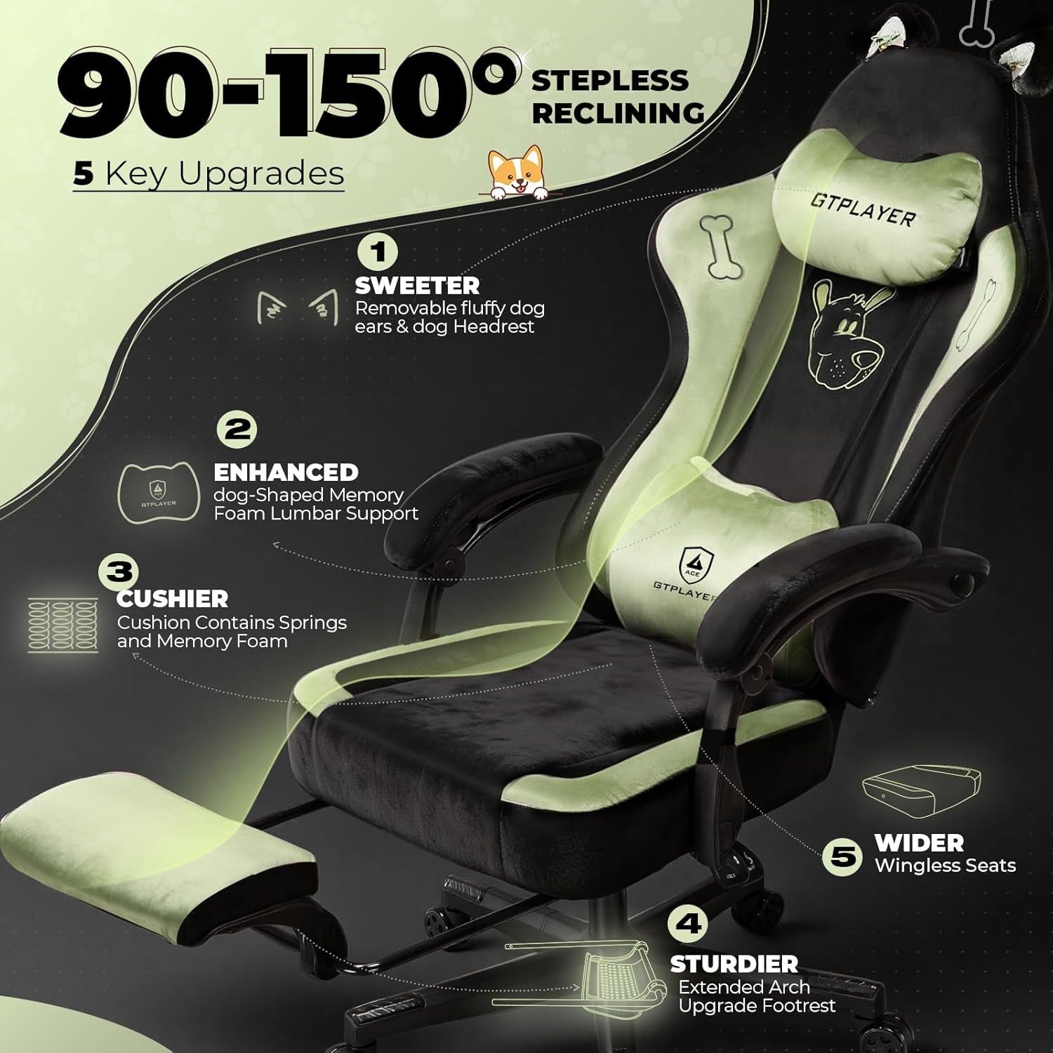 Reclining Gaming Chair w/ Footrest Cat Ears Suede Green