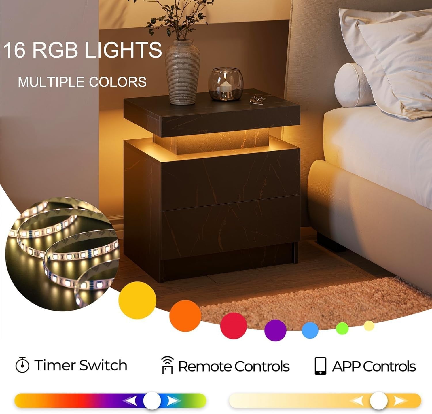 Modern Black Gold LED Bedside Table with Drawers – Luxury RGB Light Nightstand