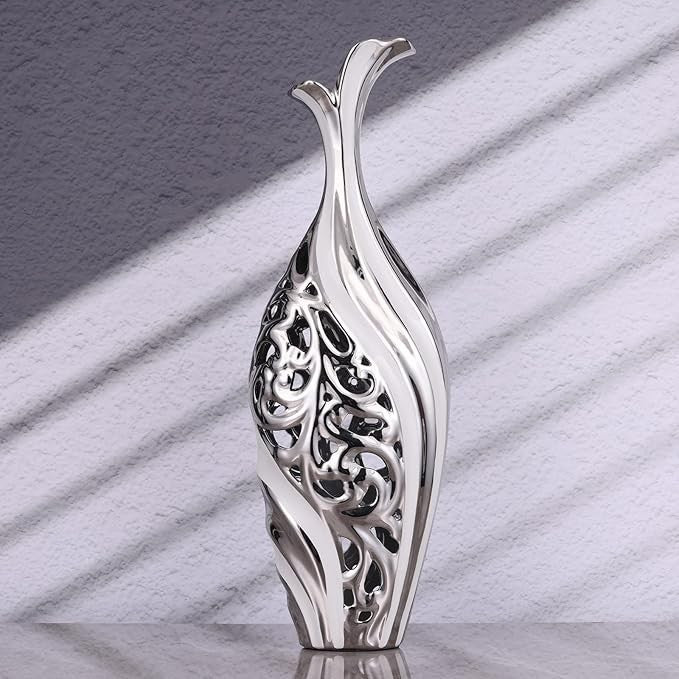 Tall Silver Ceramic Floor Vase 50cm Modern Luxury Pampas Grass Decor
