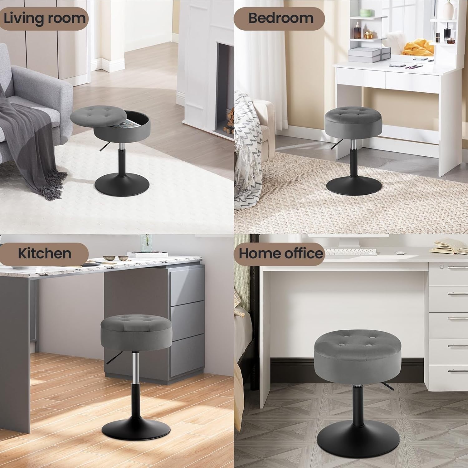 Dark Grey Velvet Swivel Stool with Storage Round Adjustable Vanity Chair