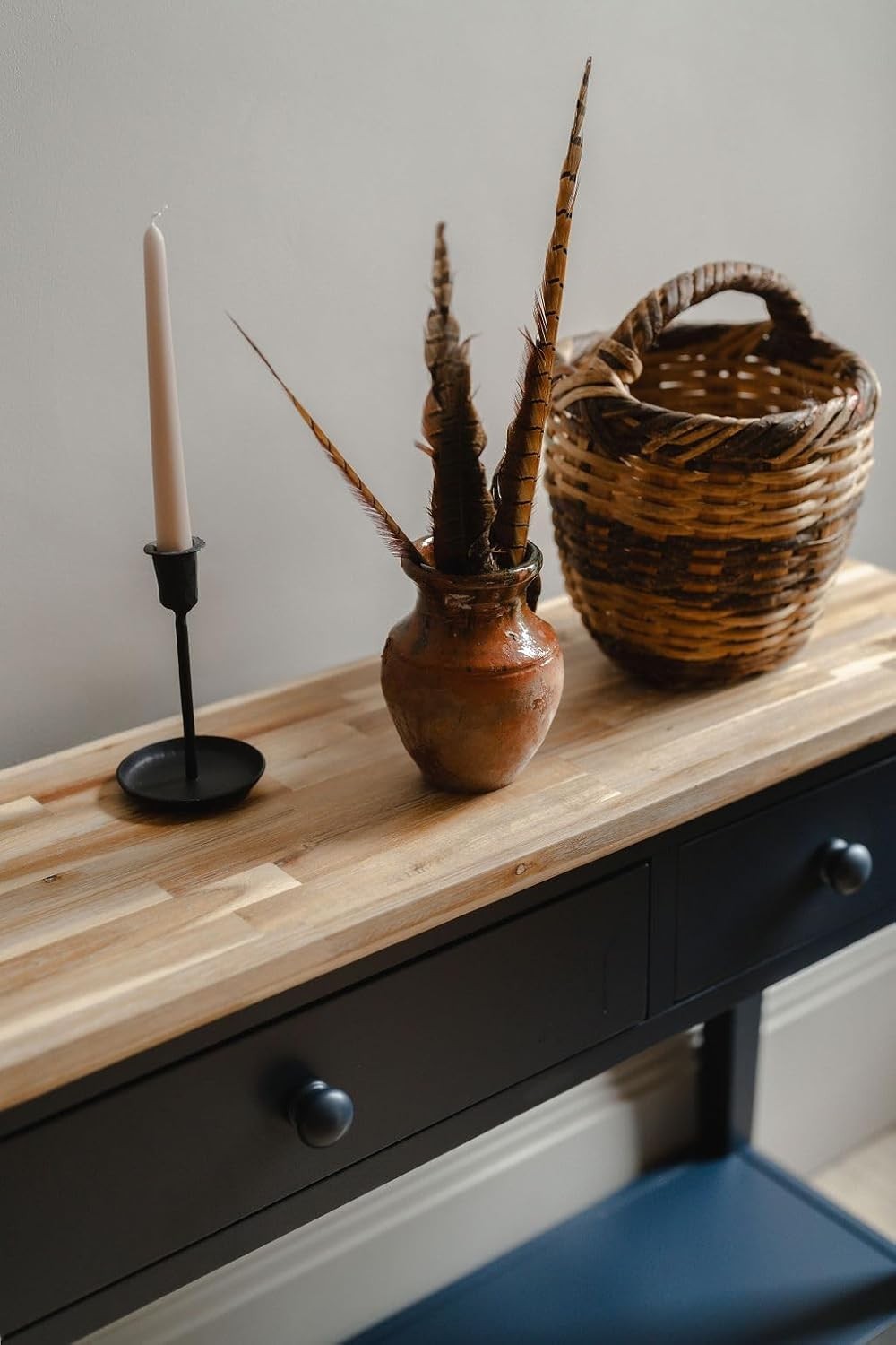 Navy Blue Console Table with Drawers & Shelf, Acacia Top, 143cm Wide