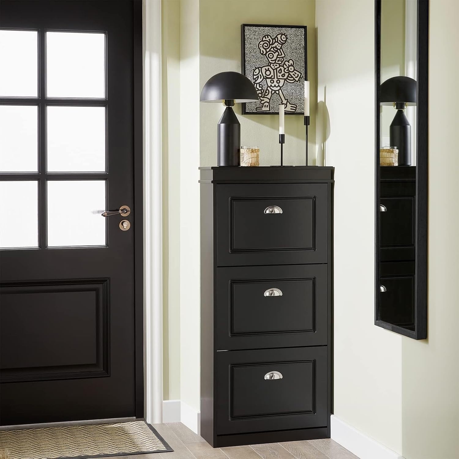 Slim Shoe Cabinet Black with 3 Flip Drawers, Narrow Hallway Storage