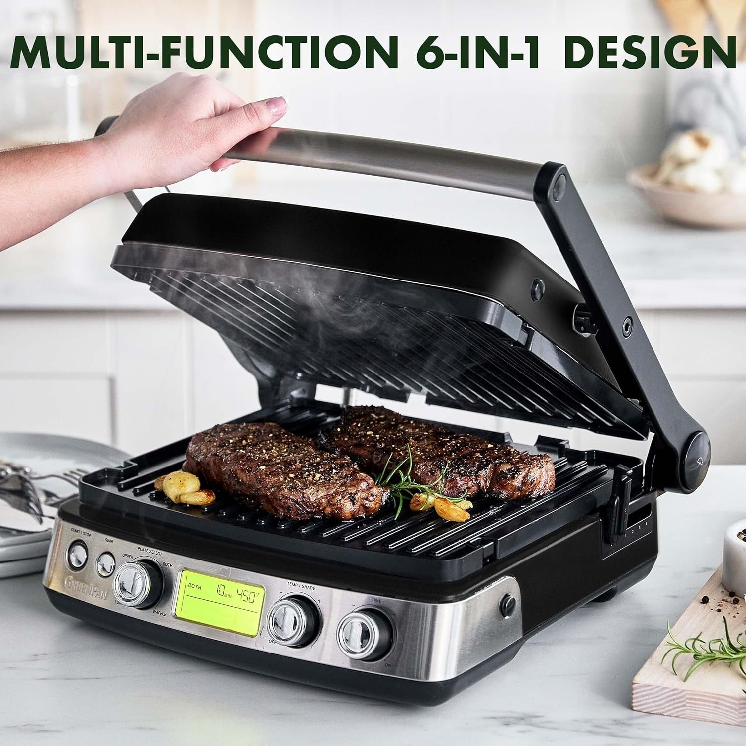 6-in-1 Contact Grill & Griddle Ceramic Non-Stick Adjustable Temp Black