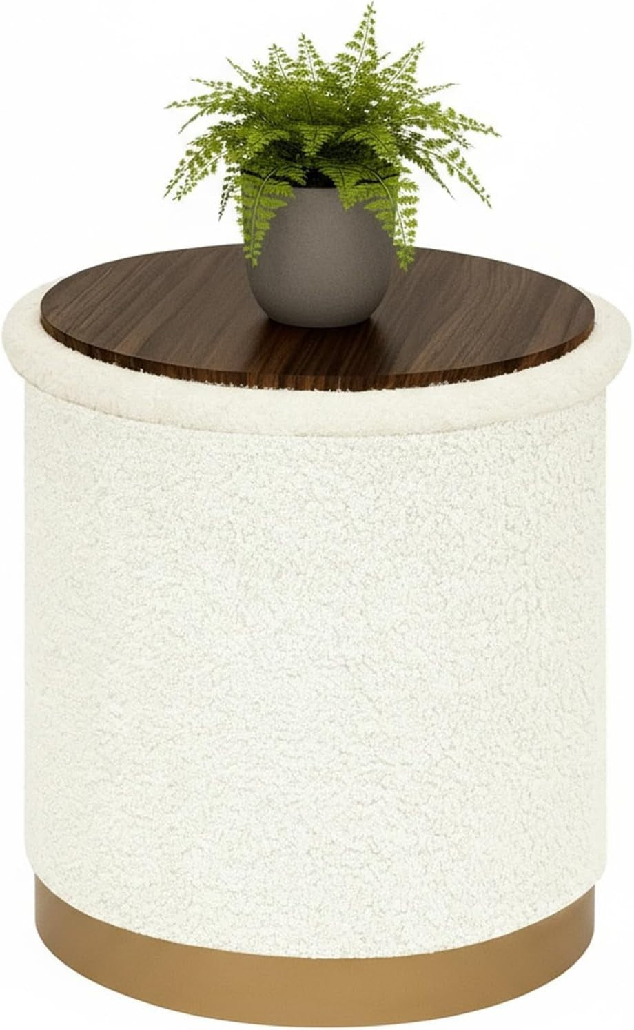 White Boucle Large Round Storage Ottoman Foldable Footstool with Tray Lid