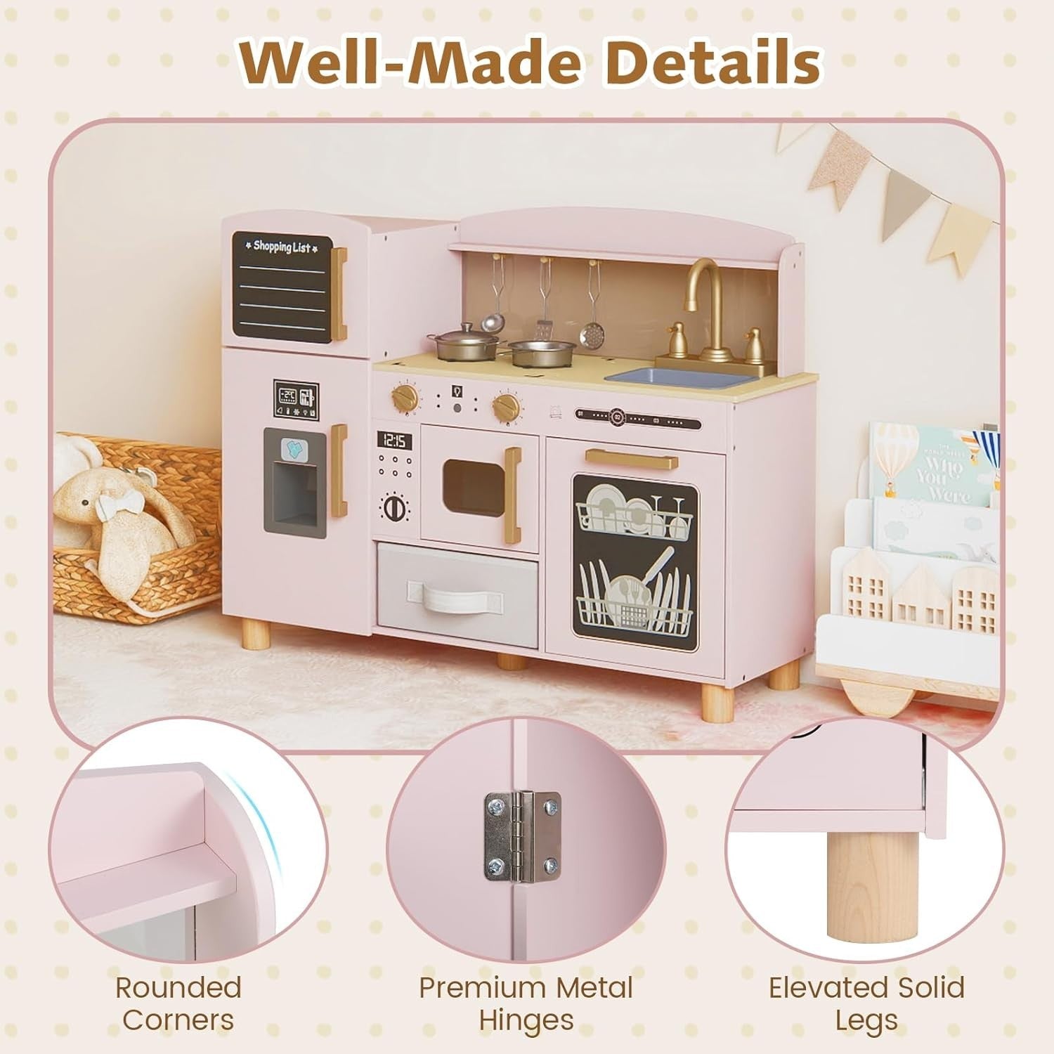 Wooden Kids Play Kitchen Pink w/ Ice Maker Sink Blackboard Toy Set